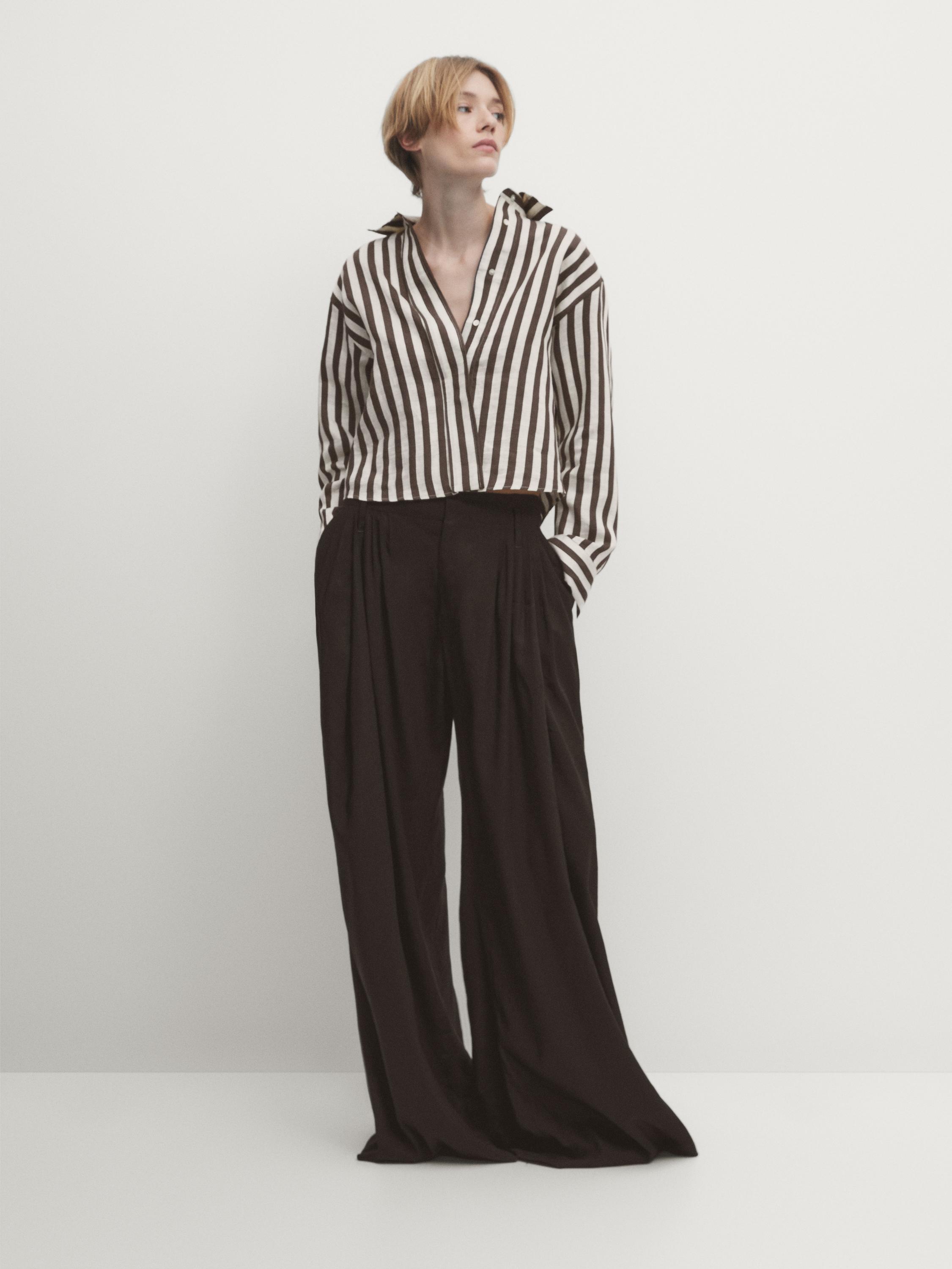 Striped cropped linen blend shirt with long sleeves