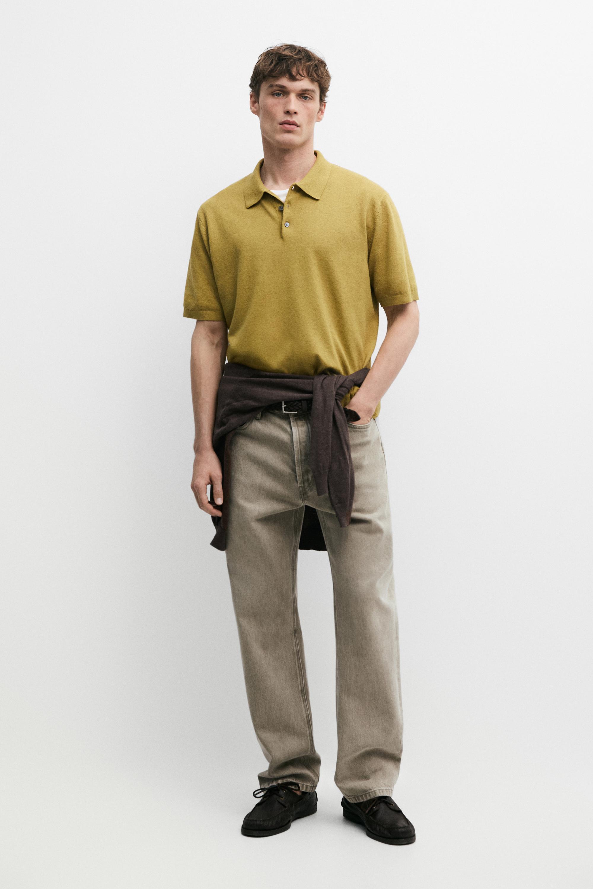 Short sleeve cotton and linen knit polo shirt