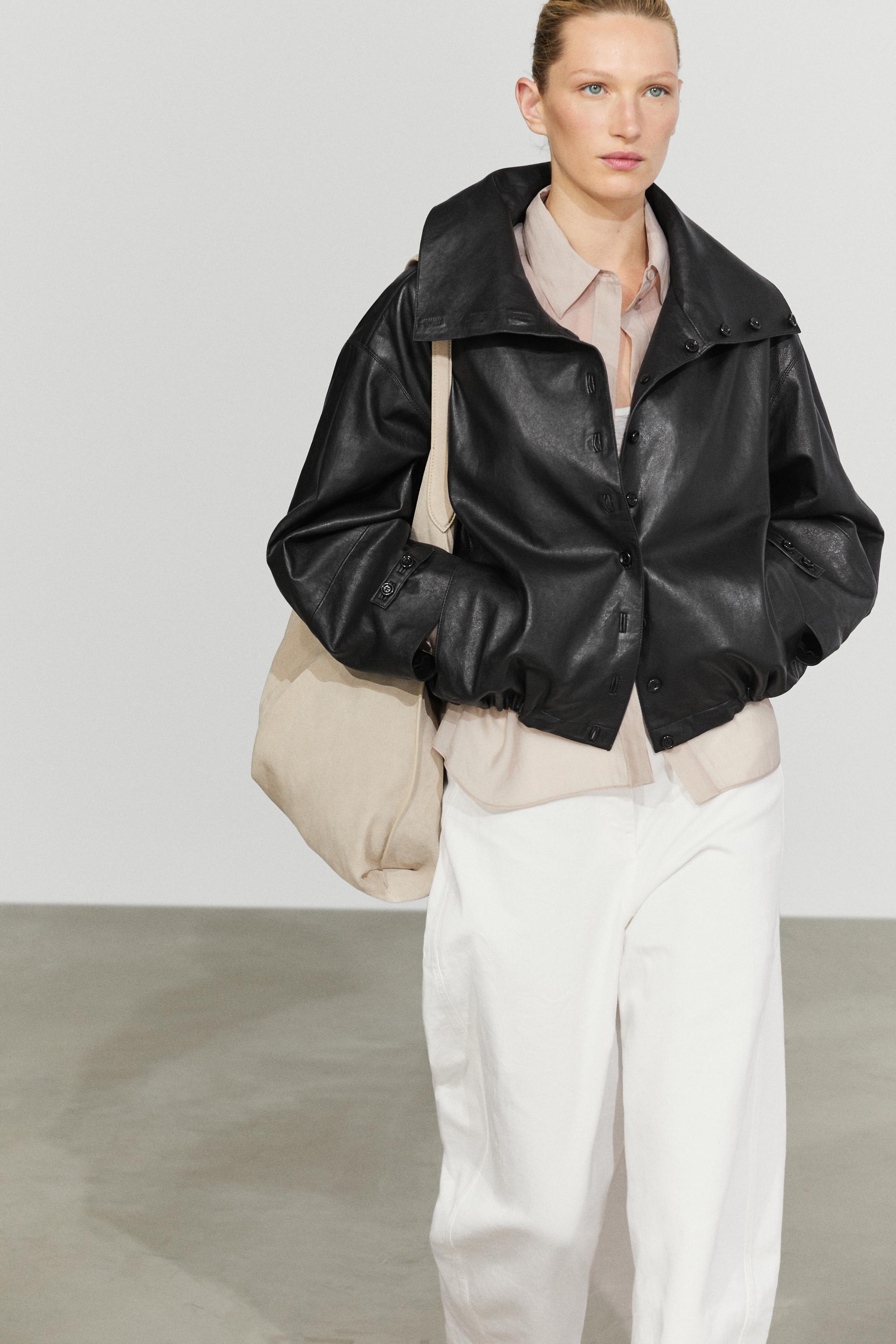 Nappa leather bomber jacket with button detail