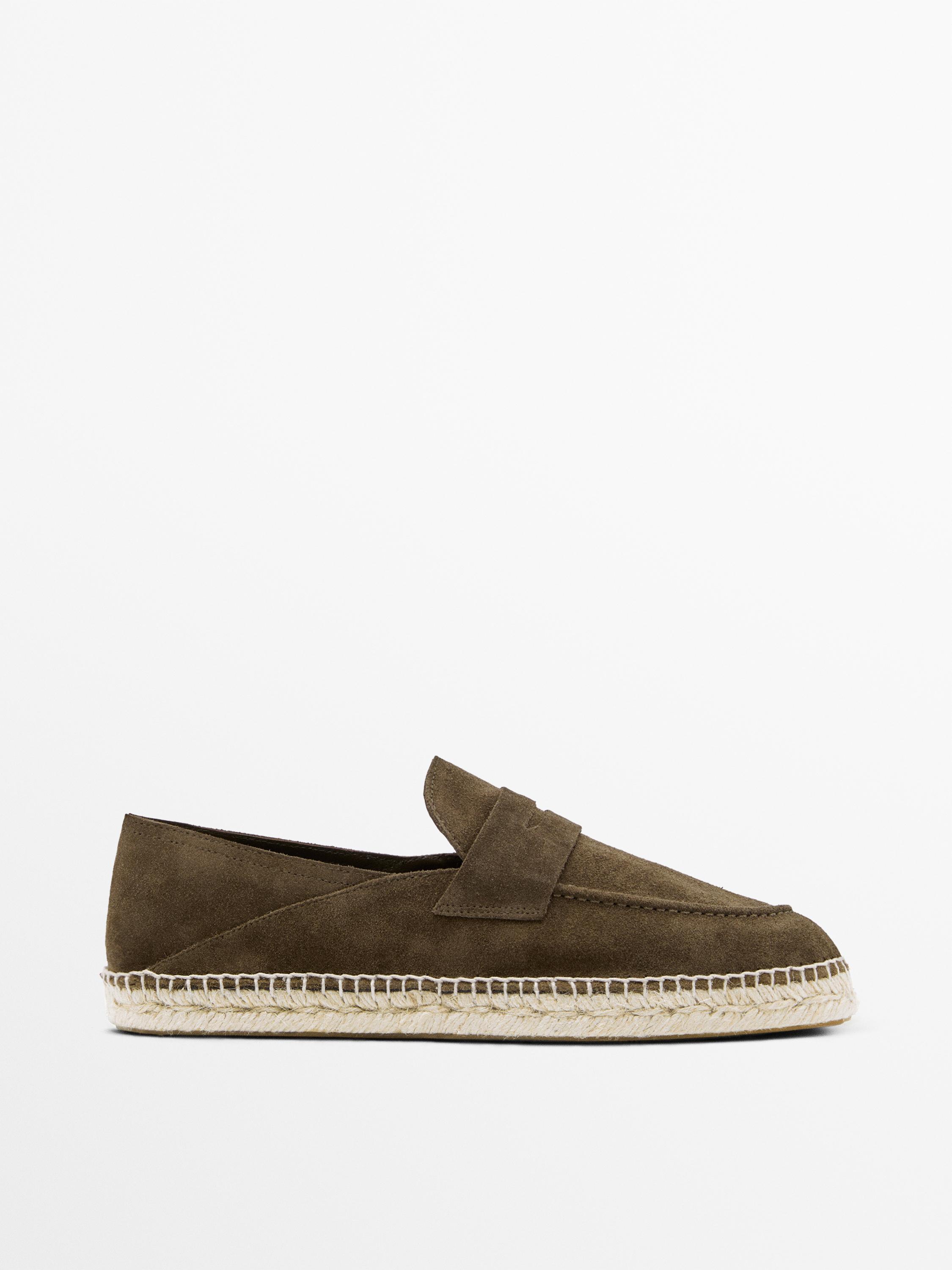 Split leather espadrilles with penny strap — KHAKI