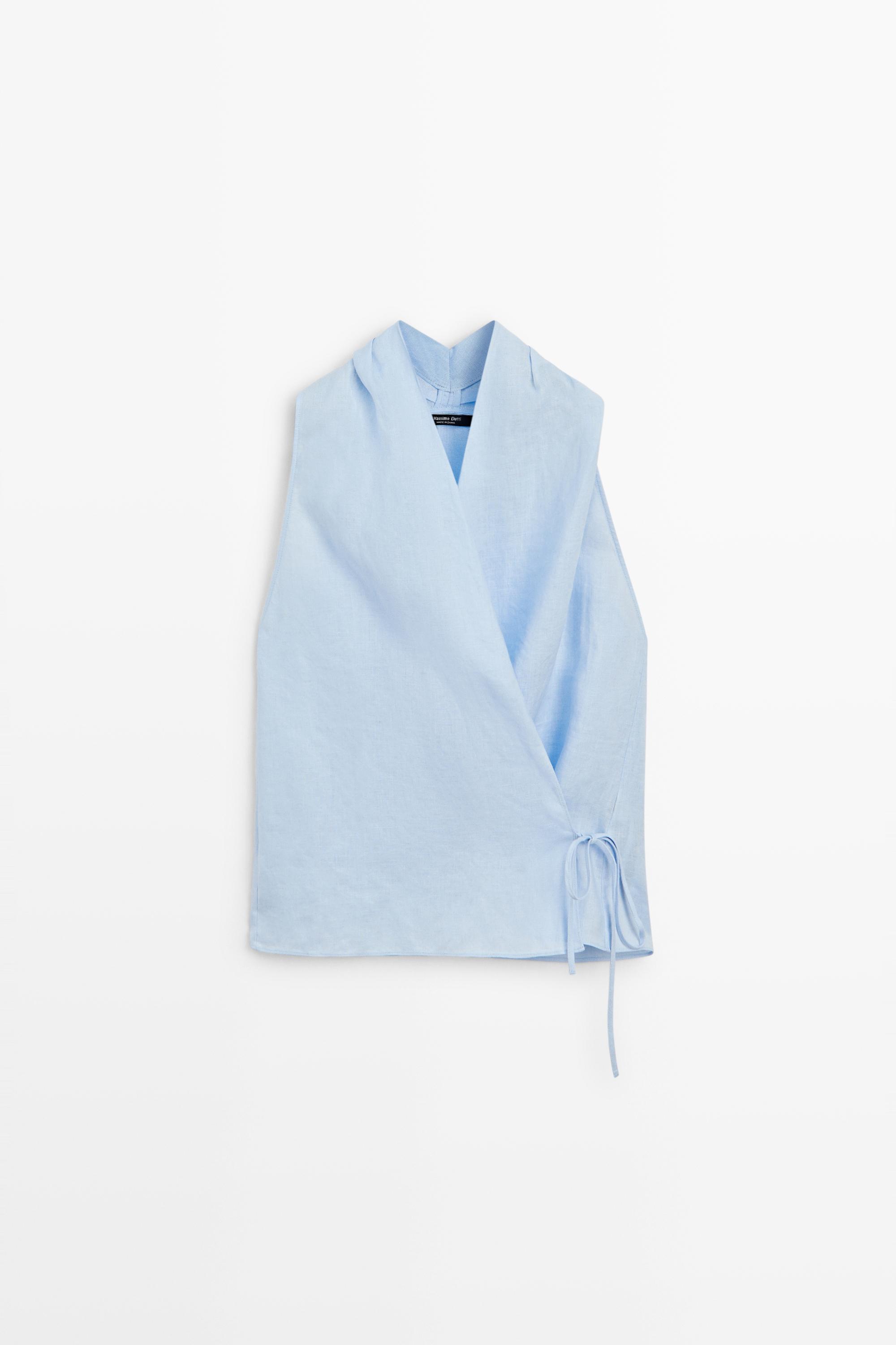 100% linen halter top with tie detail — SKY BLUE