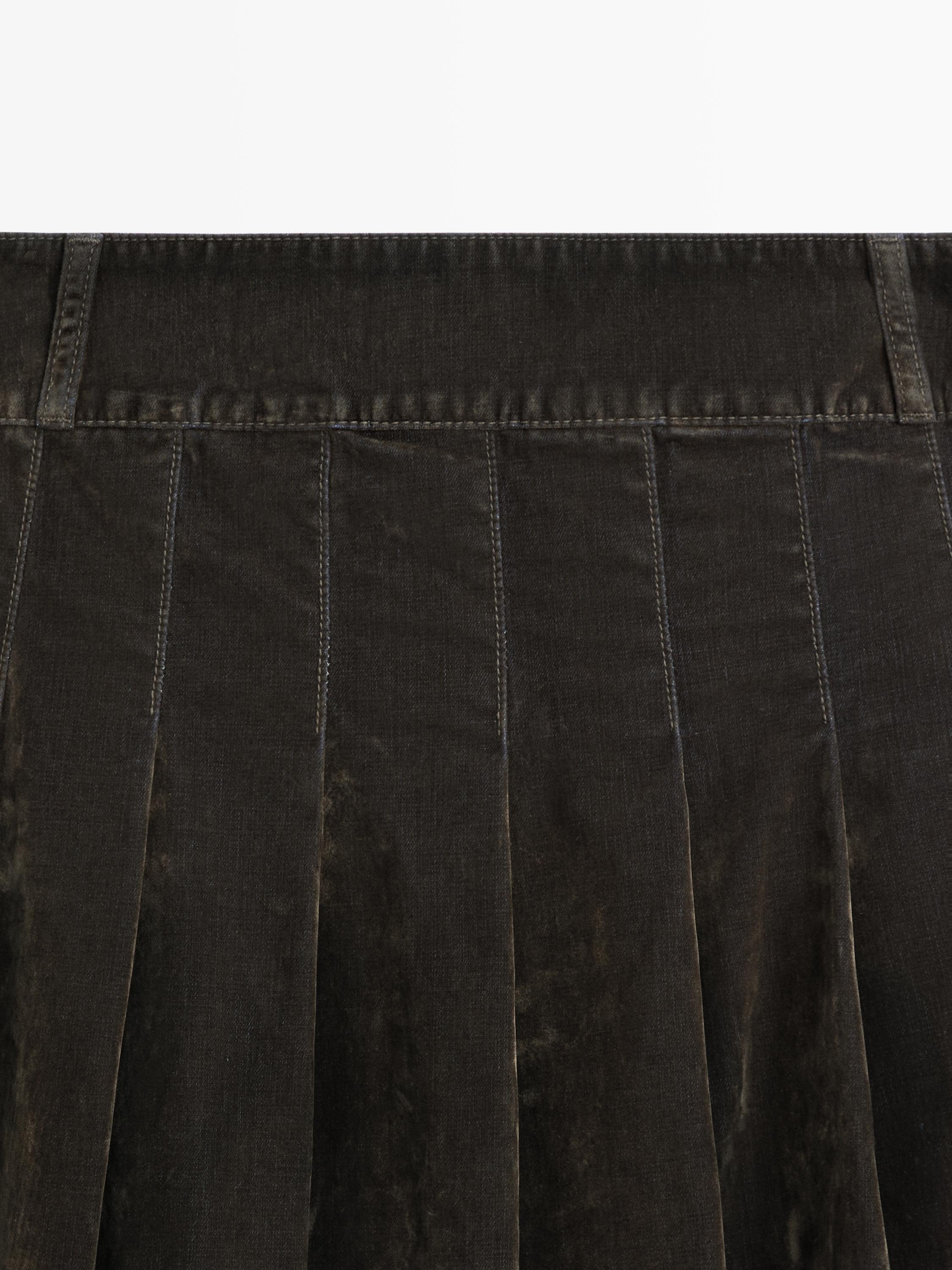 Flocked denim midi skirt with box pleats — KHAKI