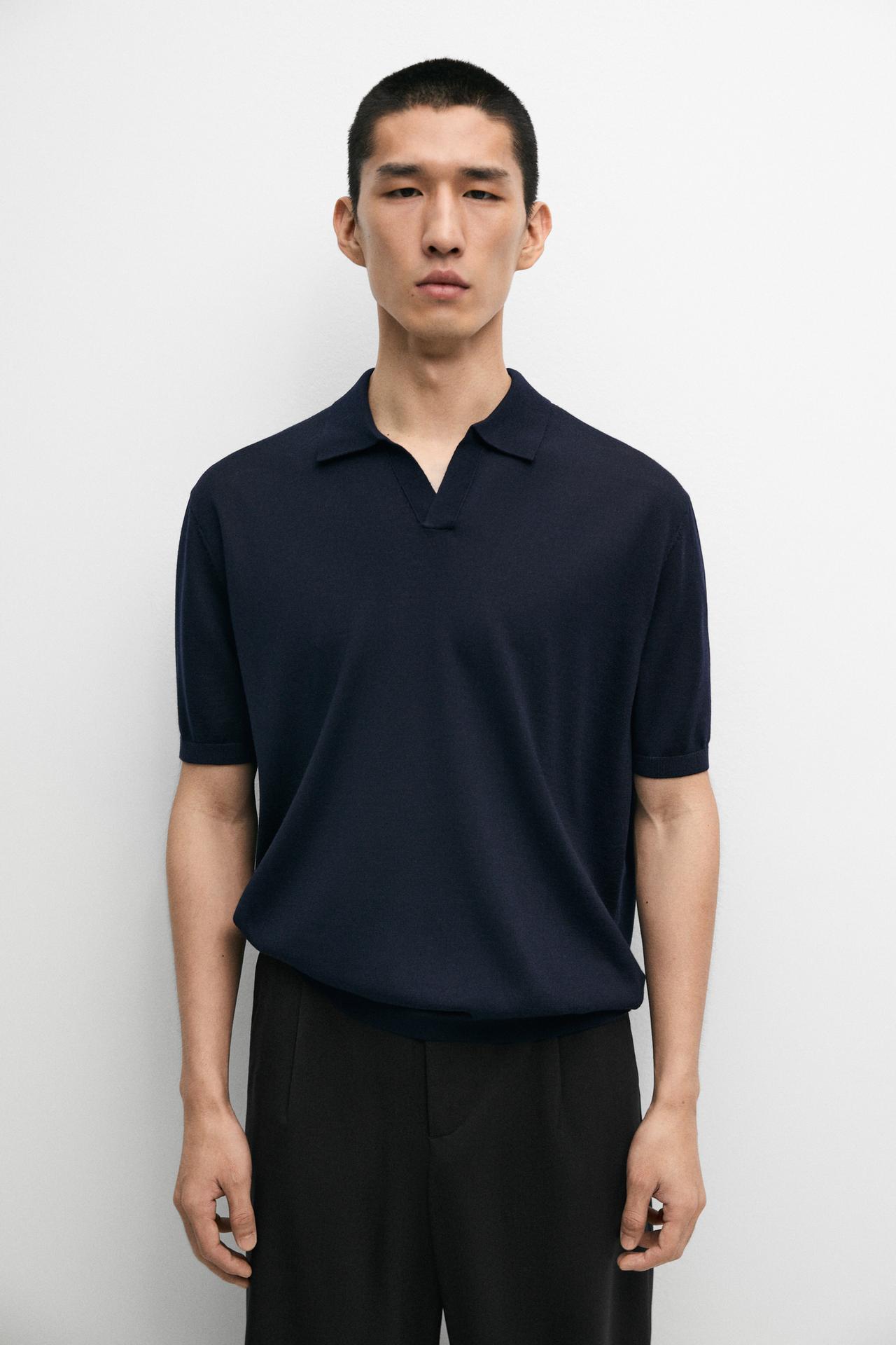Short sleeve wool blend knit polo shirt — NAVY BLUE