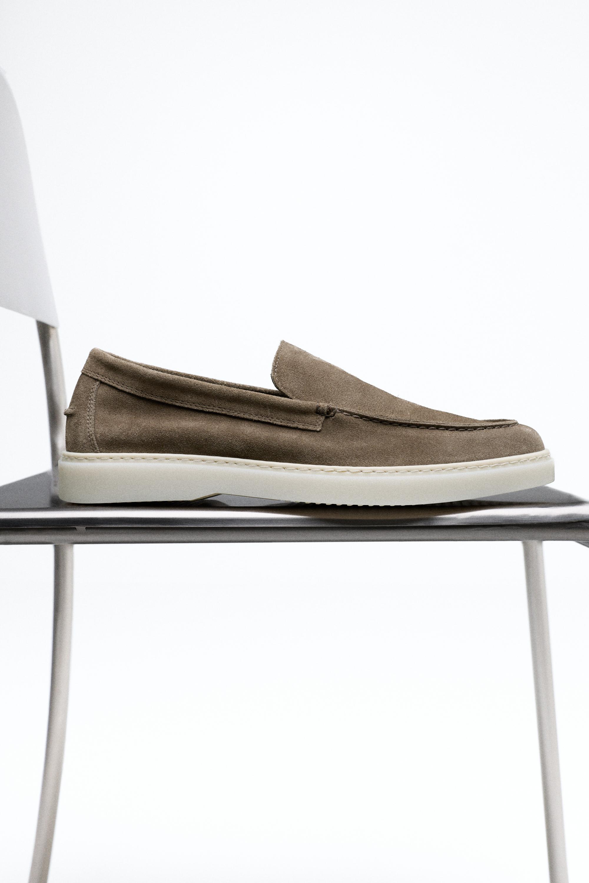 Split leather loafers with moc toe — MINK