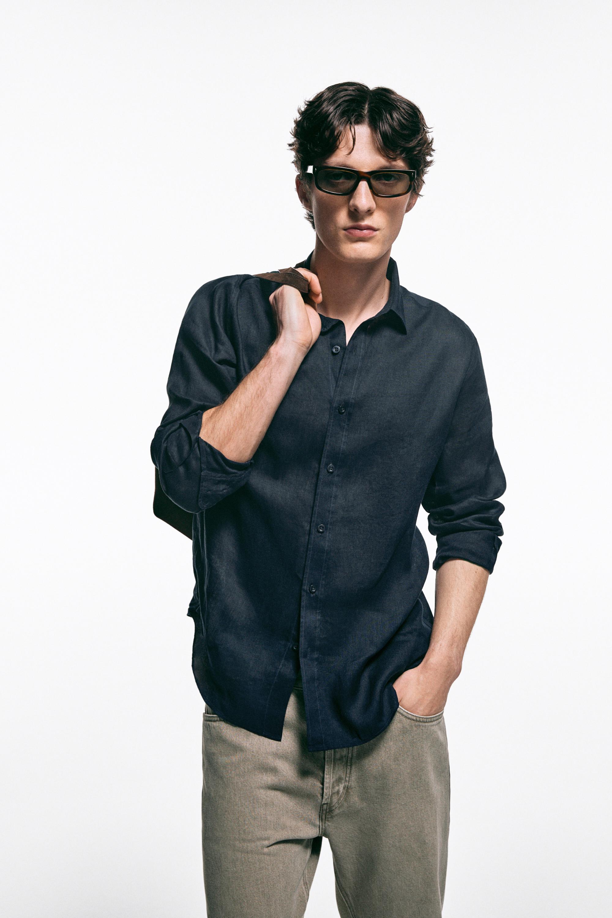 100% linen slim fit shirt — NAVY BLUE