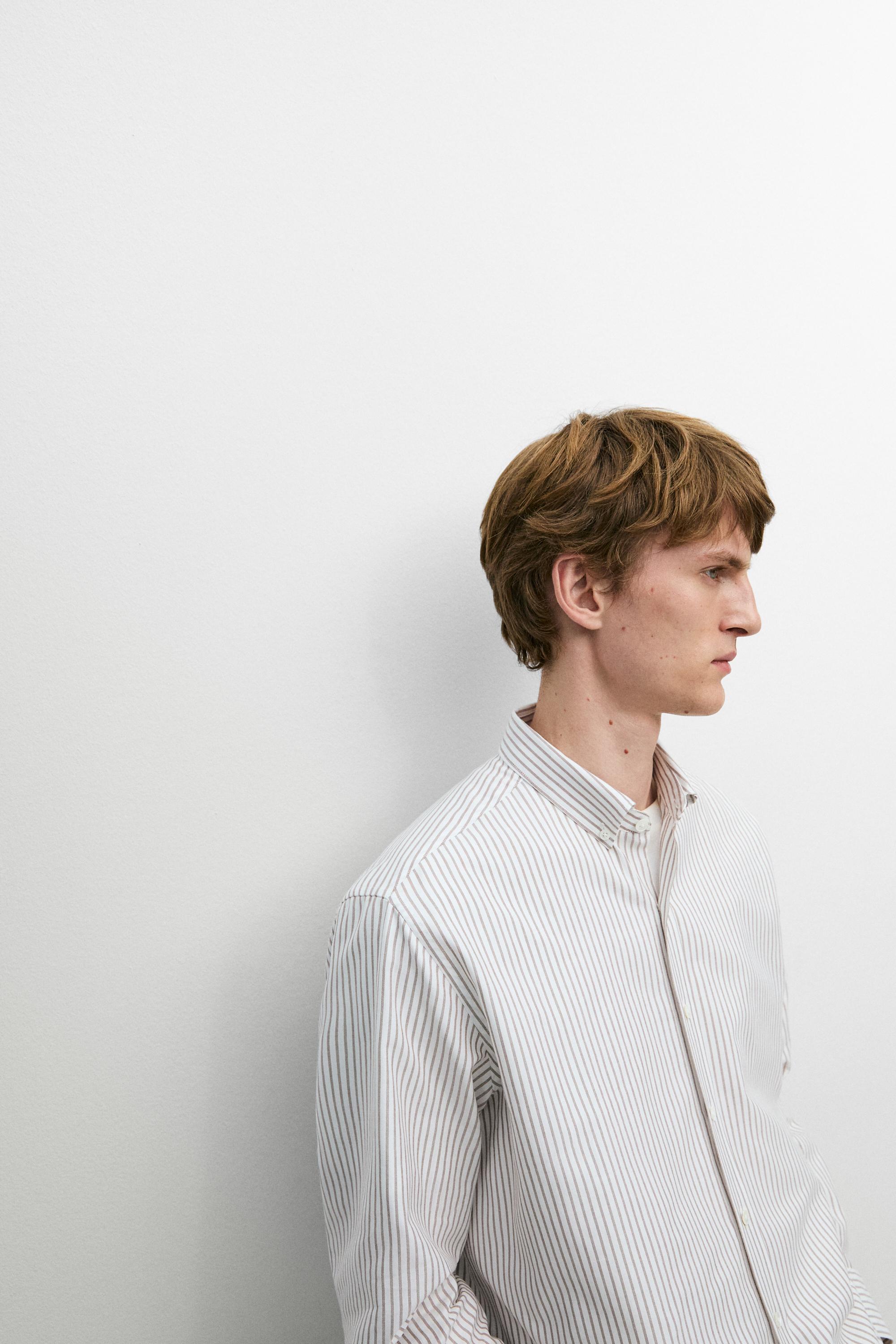 100% cotton regular fit striped shirt — BROWN