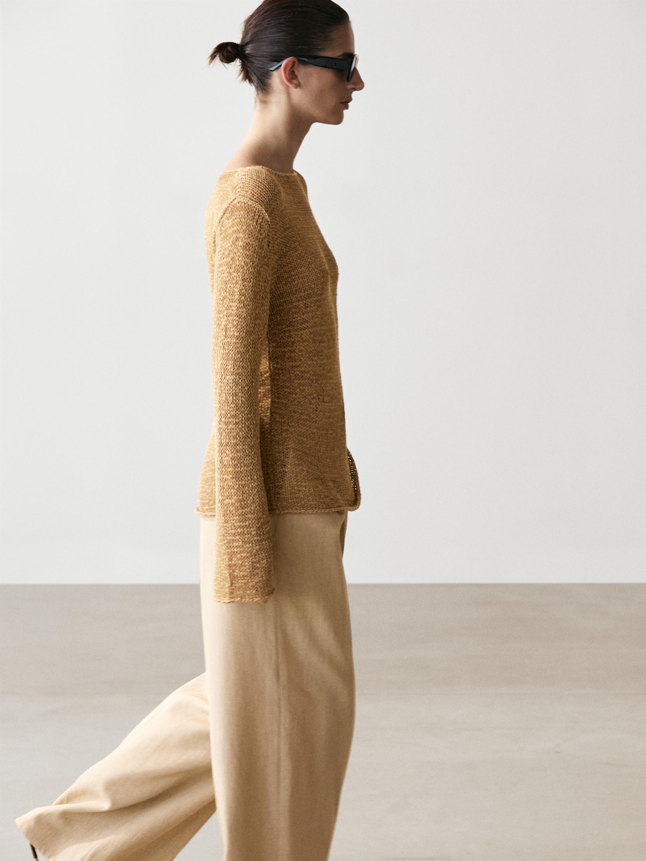 Cotton blend knit boat neck sweater — OCHRE
