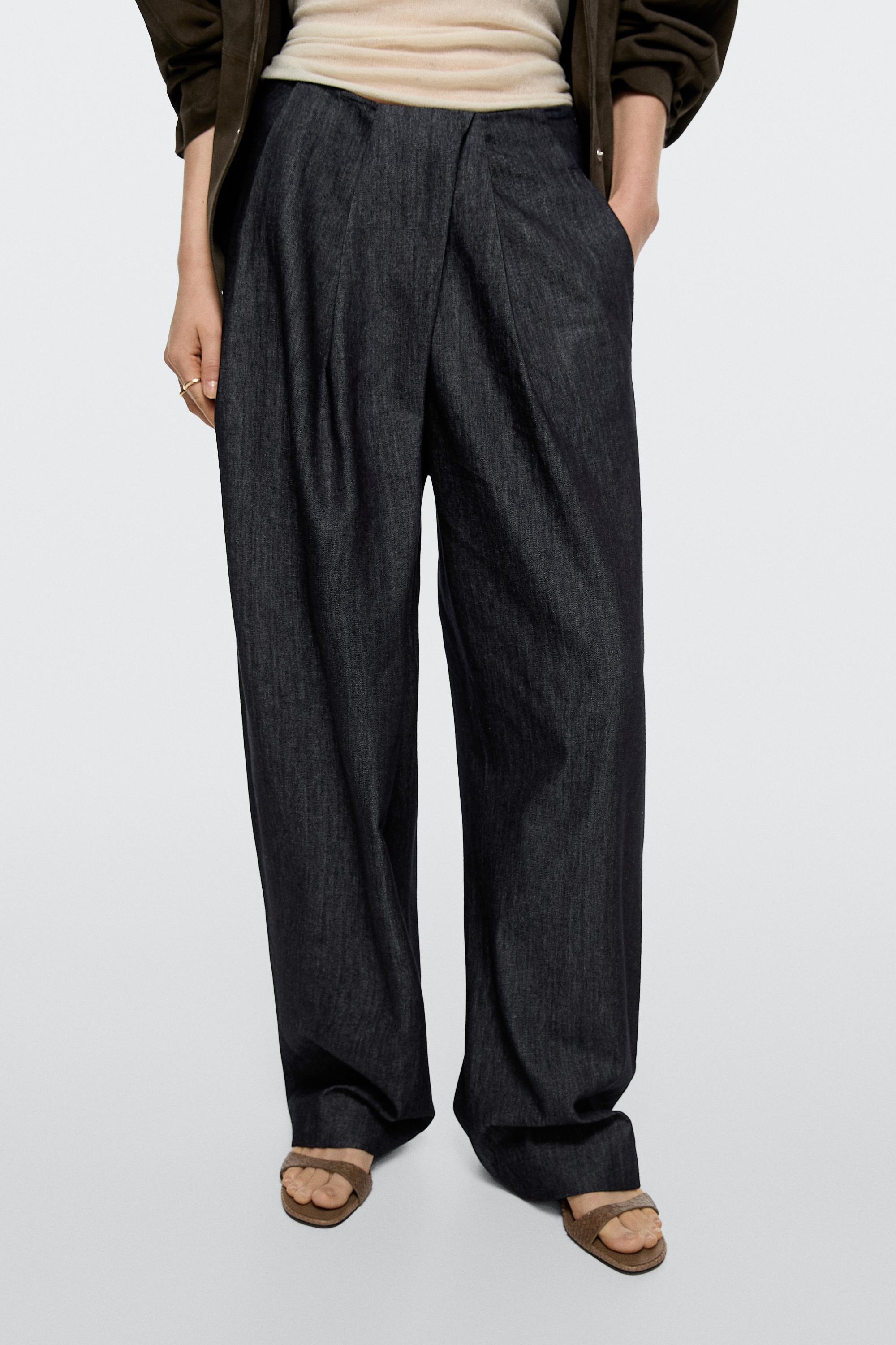 High-waist pants with crossover detail — DARK BLUE