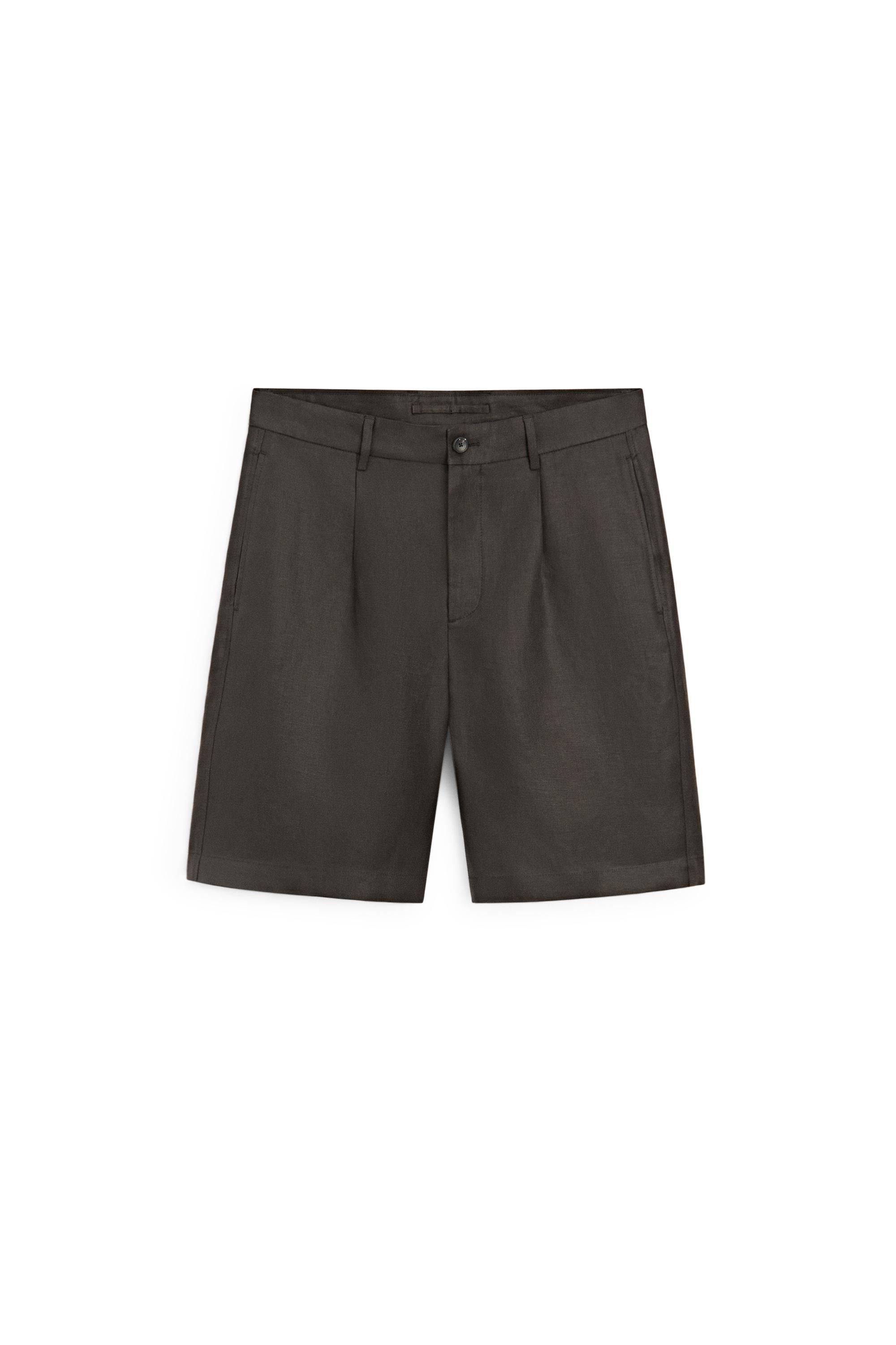 Linen Bermuda shorts with darts — BROWN