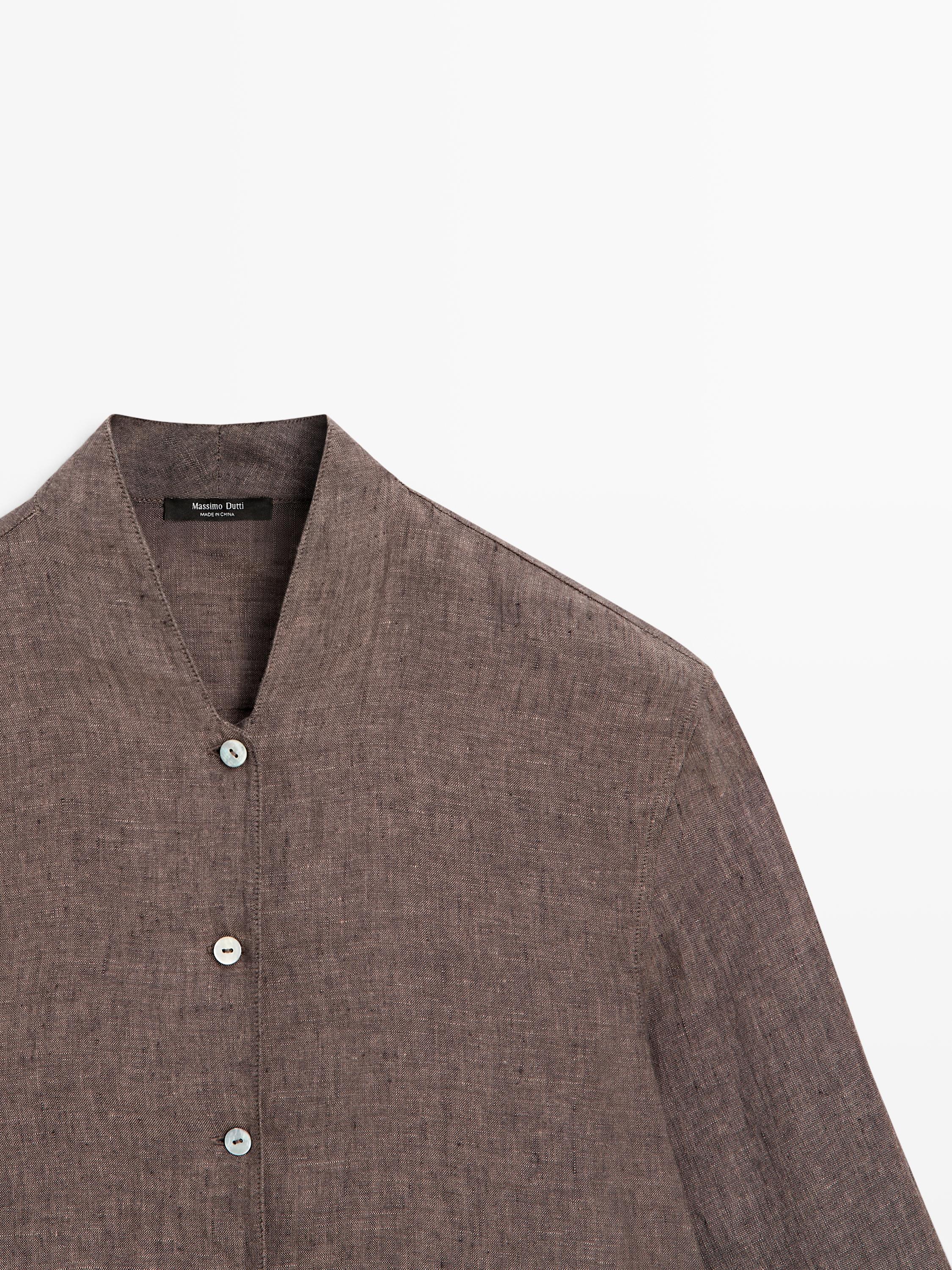 100% linen V-neck shirt — BROWN