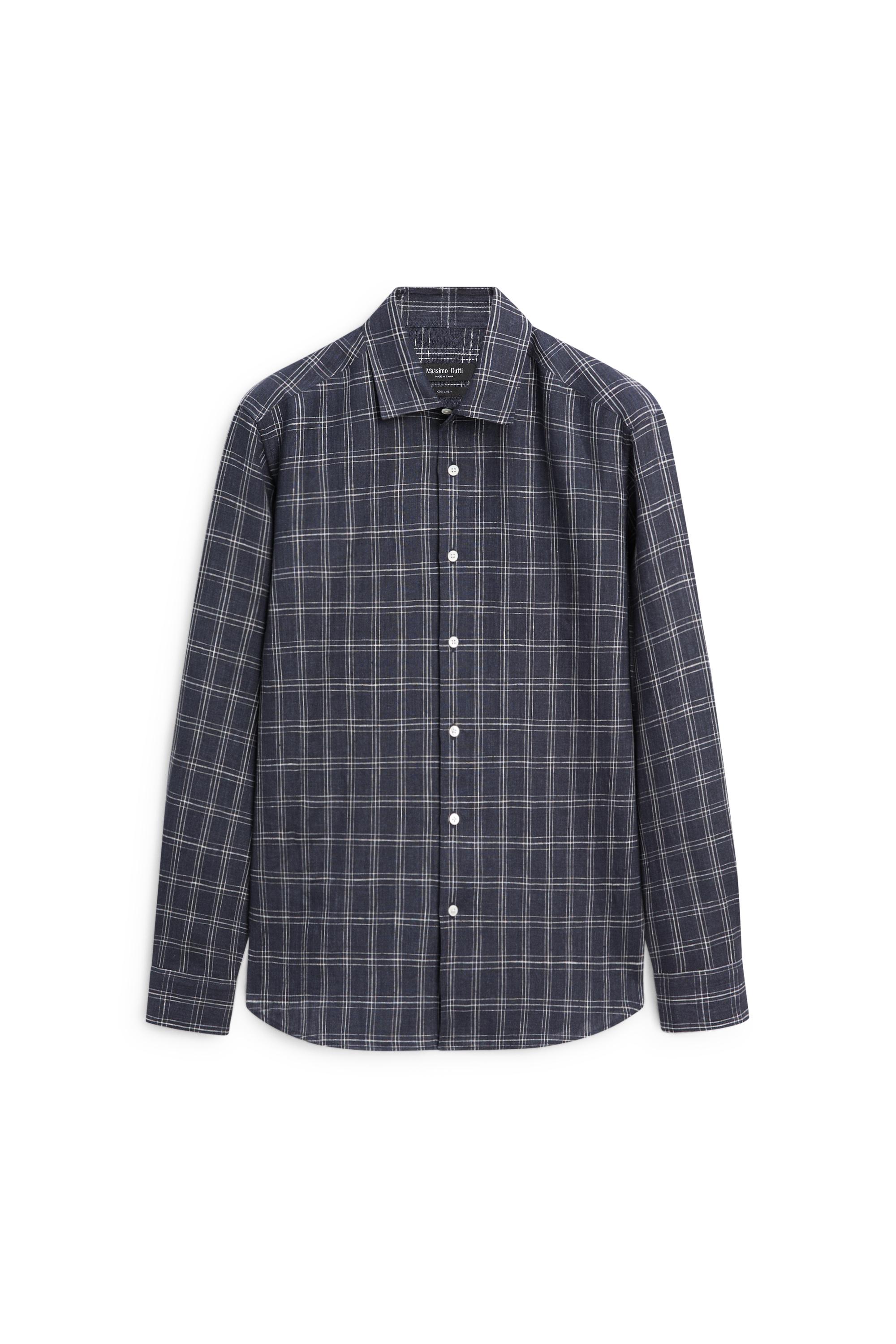 100% linen regular fit check shirt — DARK BLUE