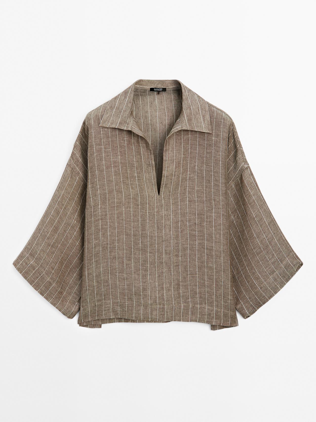 Massimo Dutti - Dame - Stribet Bluse I Hør Med Åben Hals - Brun - S