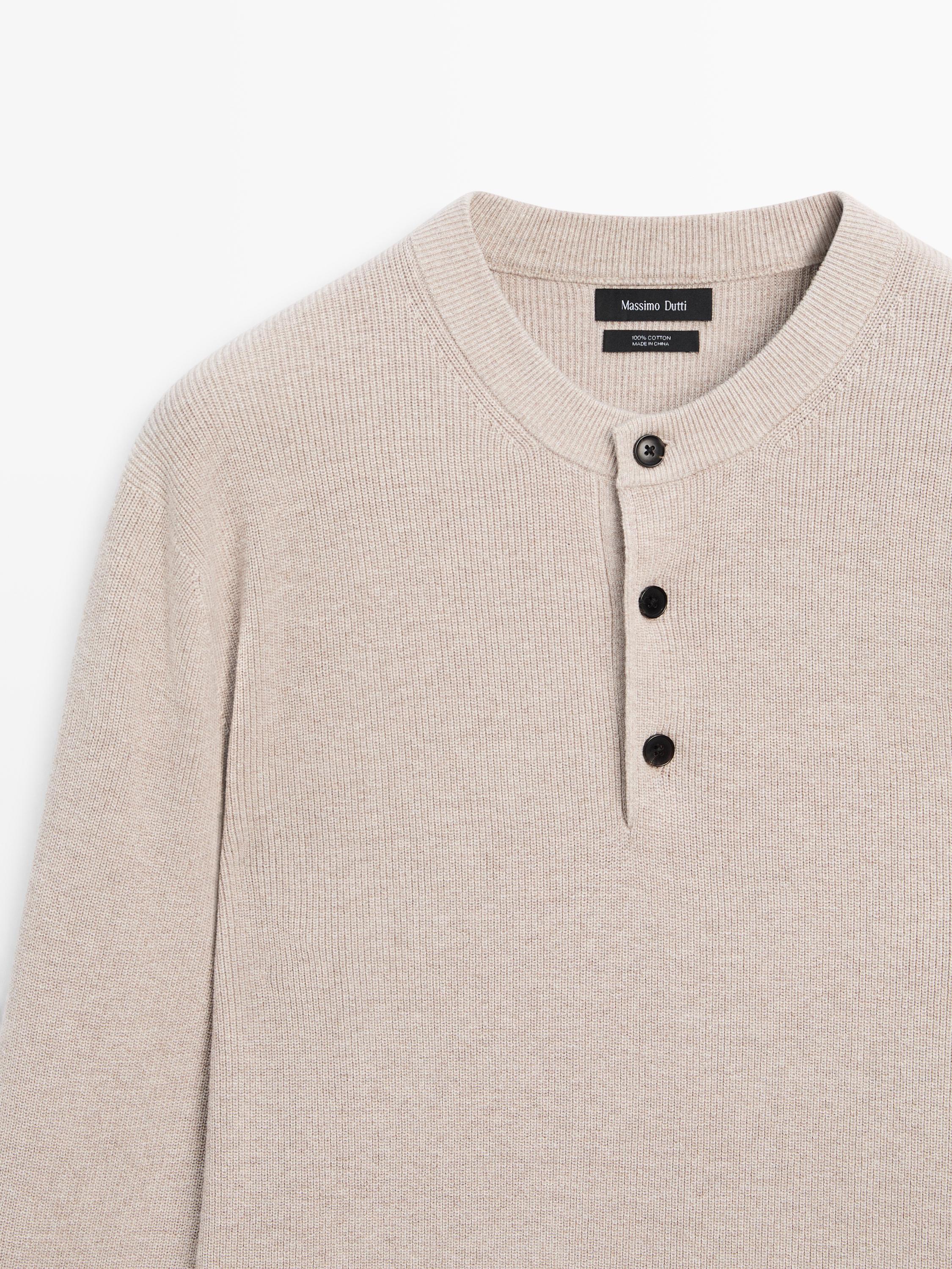 100% cotton knit henley sweater — BEIGE