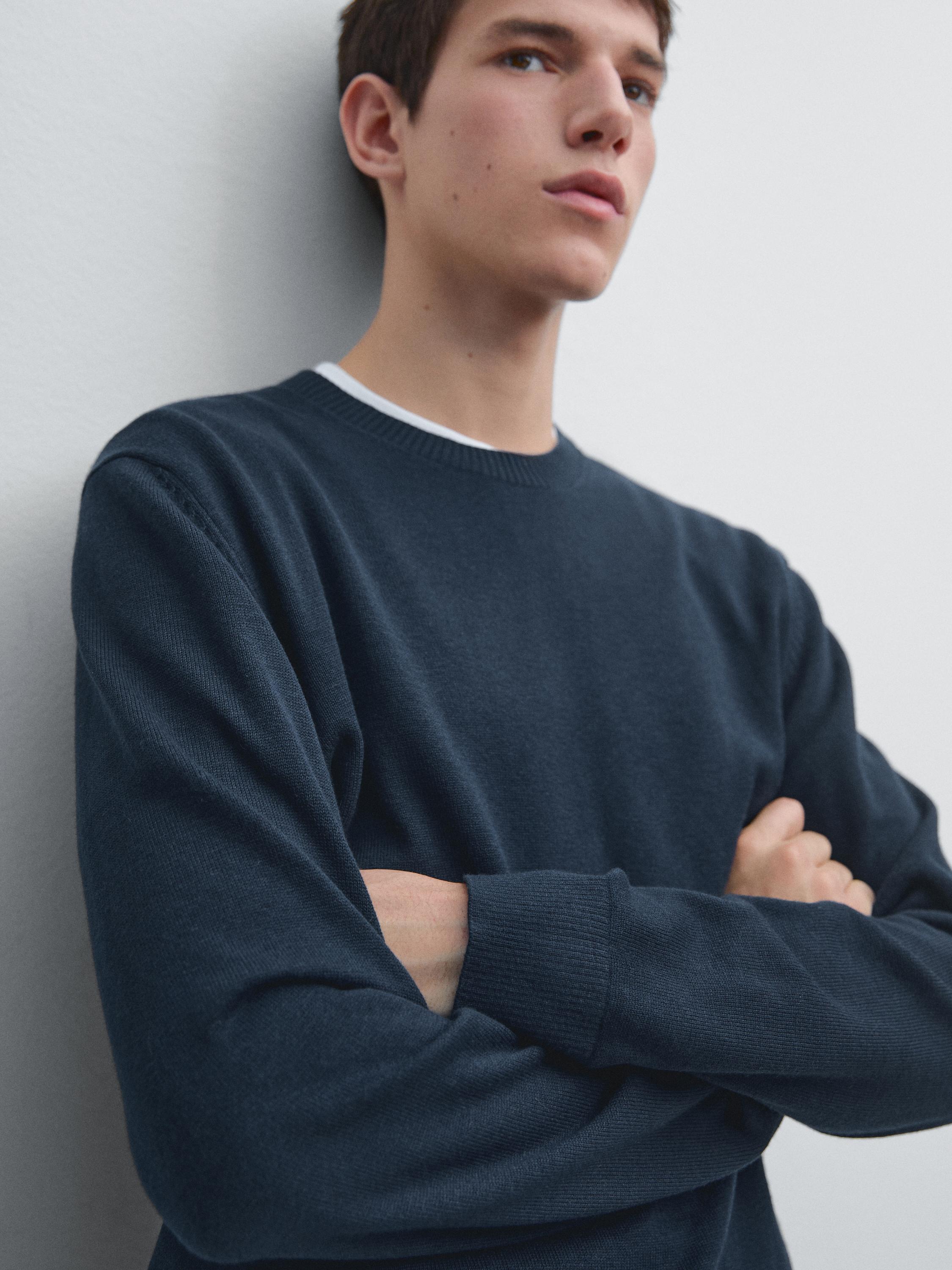 Knit cotton and wool sweater with crew neck — Dark blue
