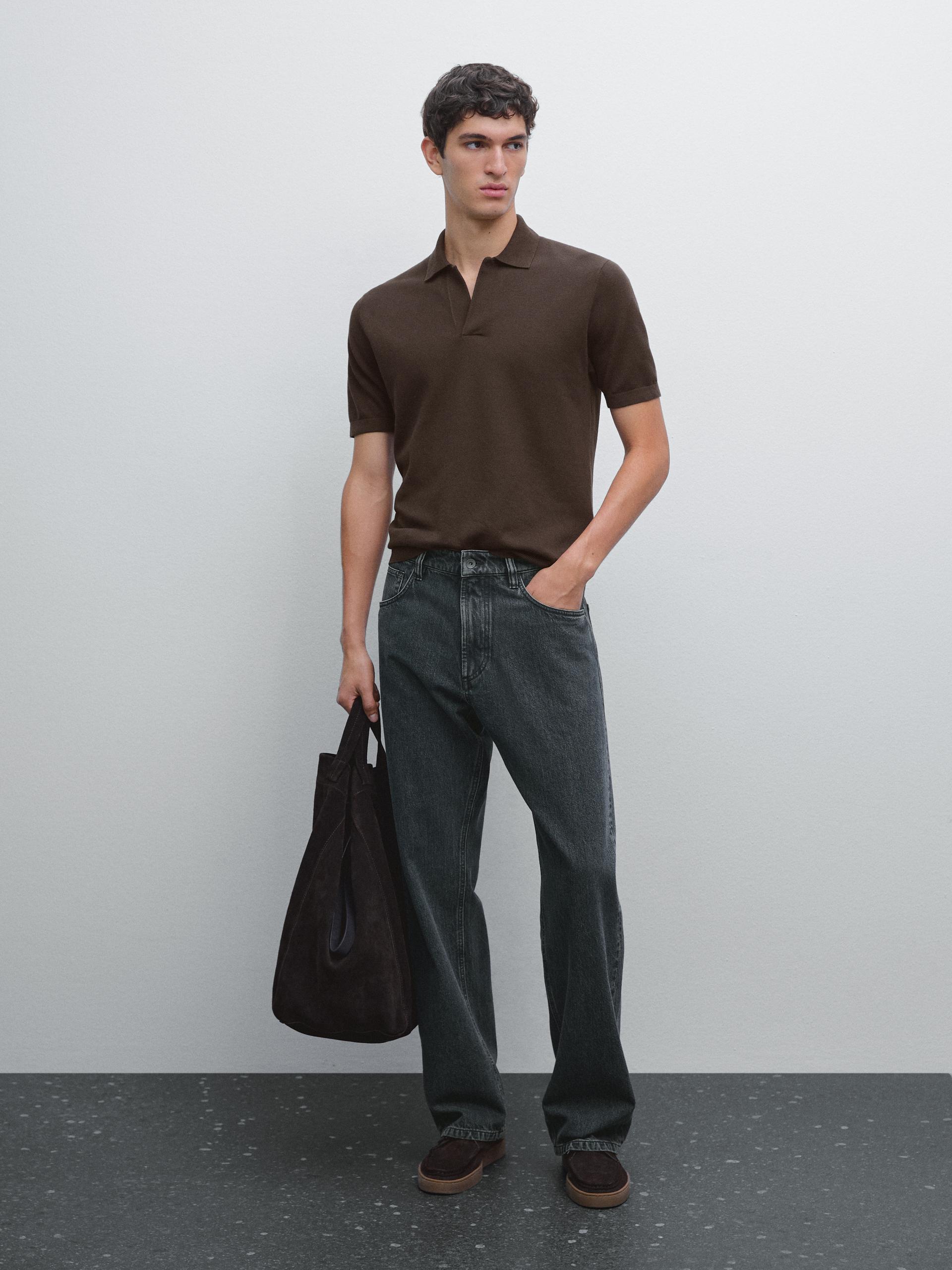 Polo En Maille À Col En V - Marron Vigoré - Xl - Massimo Dutti - Homme