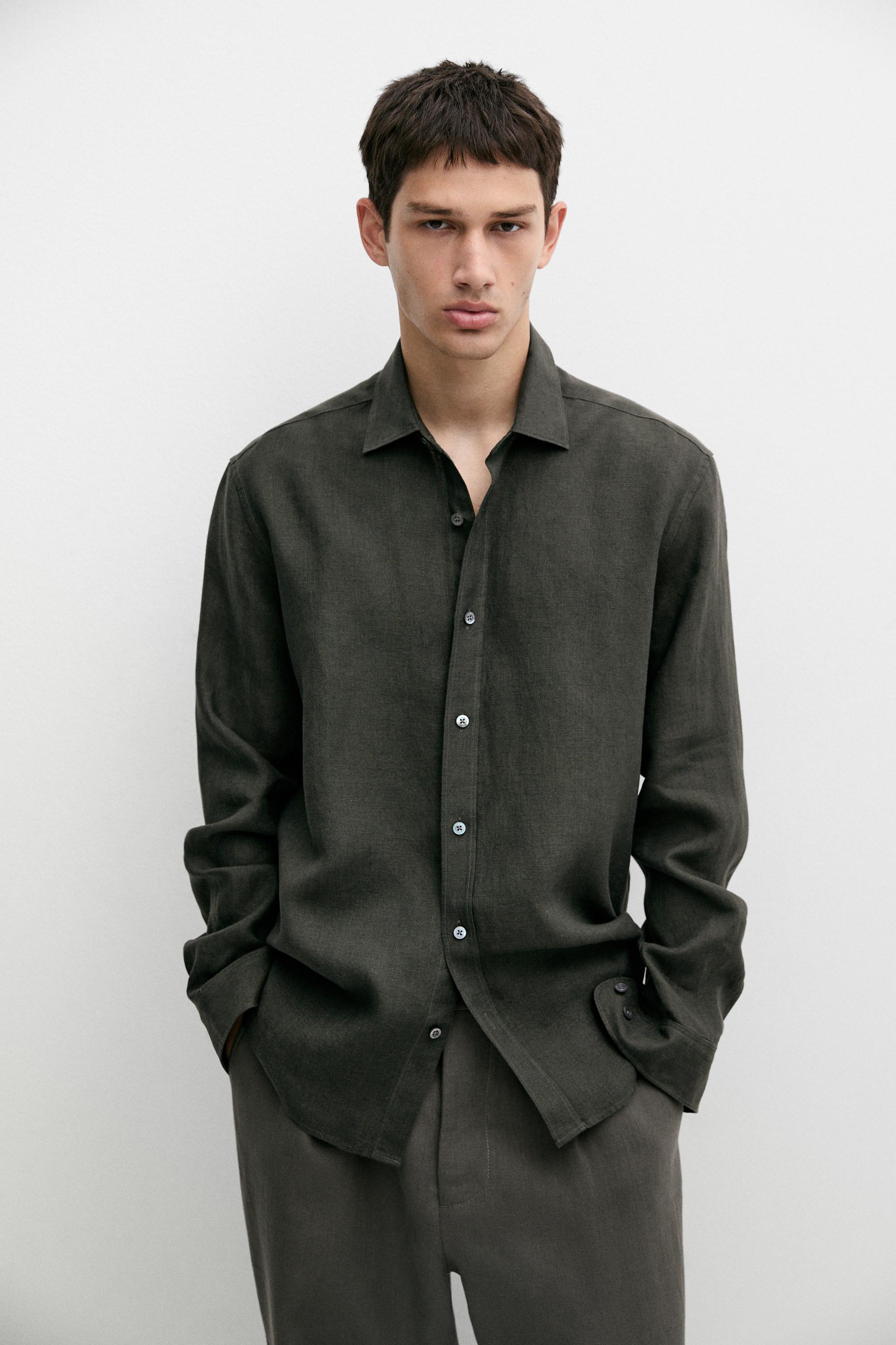 Regular fit 100% linen delavé shirt — GREEN