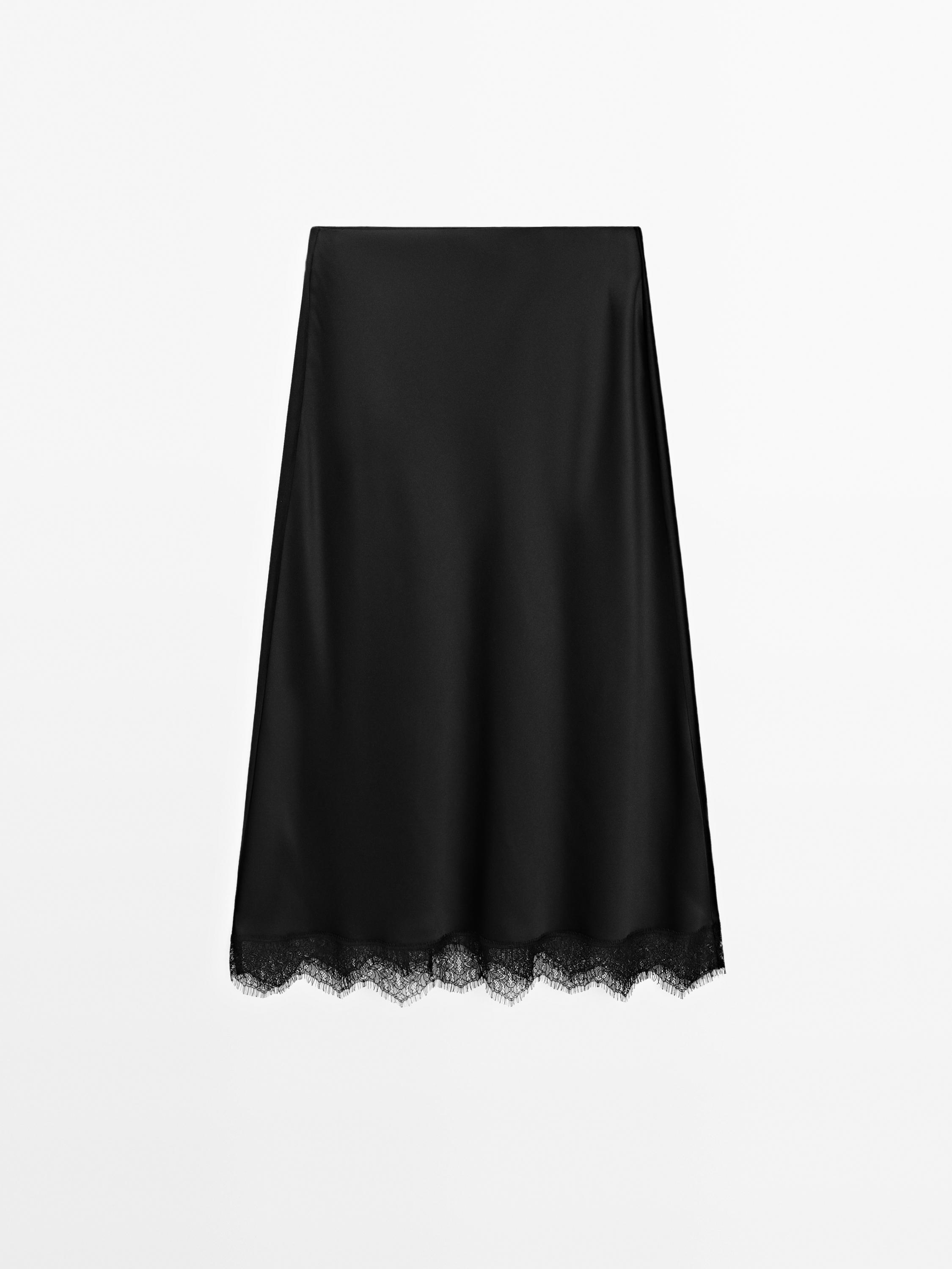 Satin midi skirt with lace detail