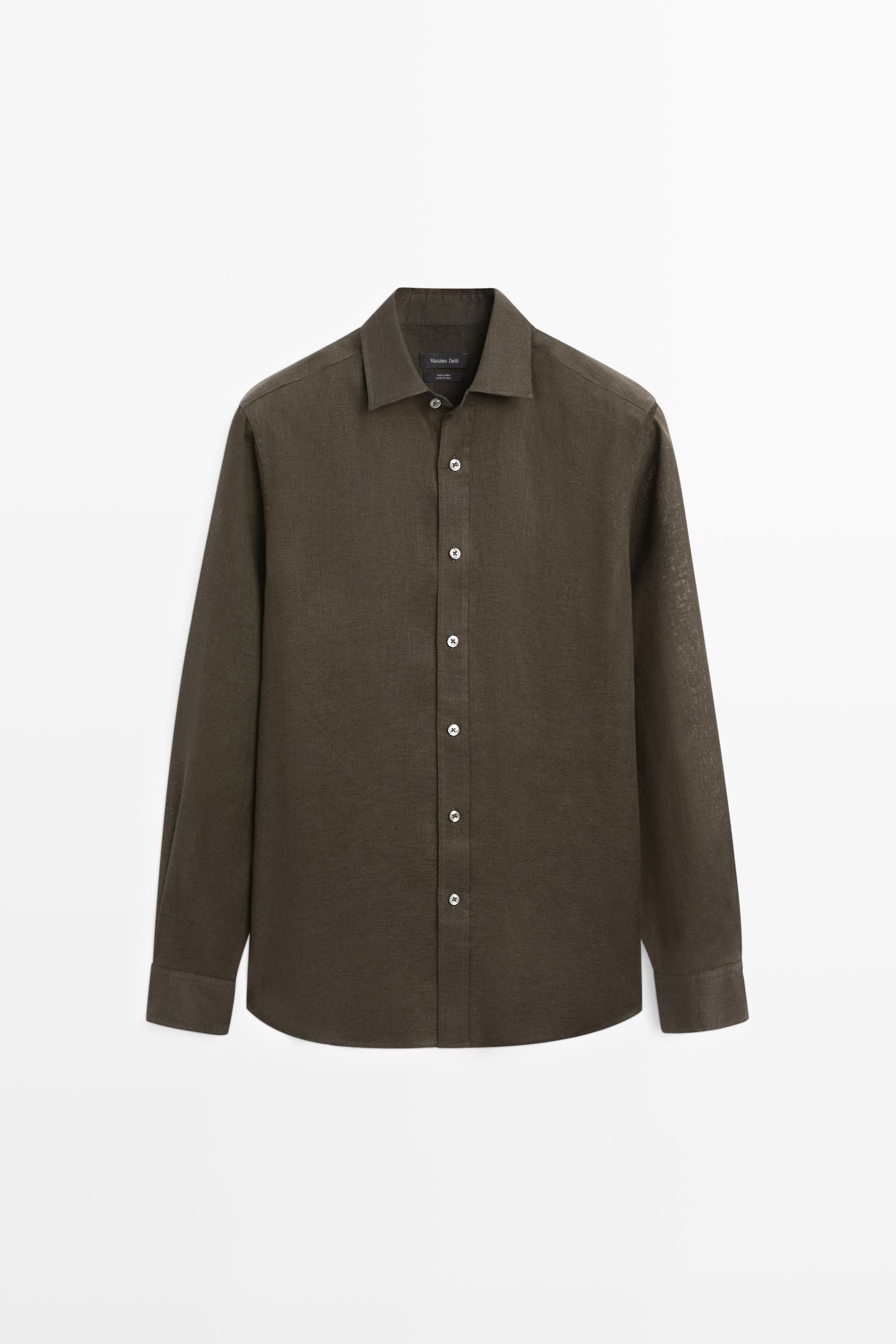 Regular fit 100% linen shirt — DARK GREEN