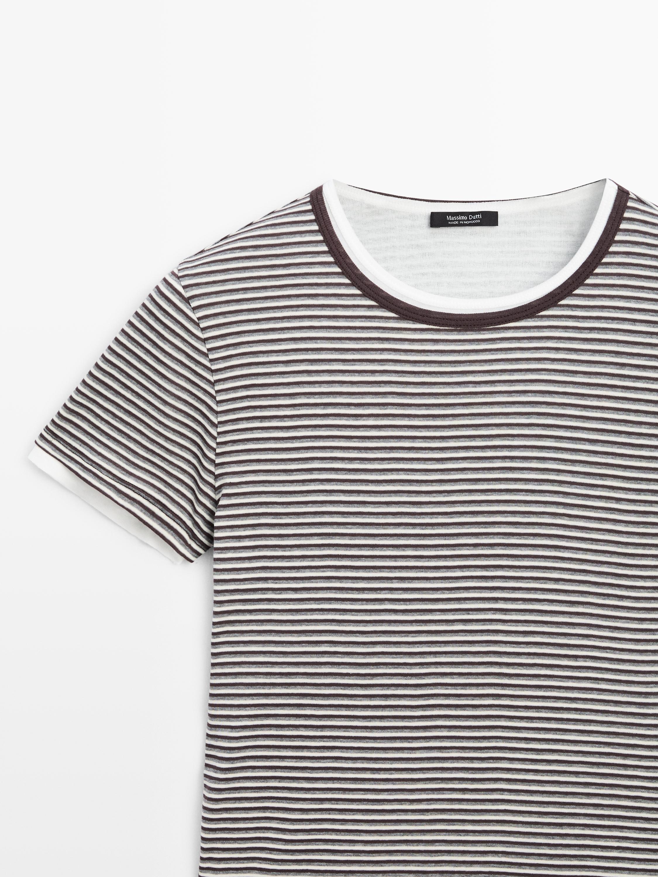 Striped double-layer T-shirt with short sleeves — BROWN