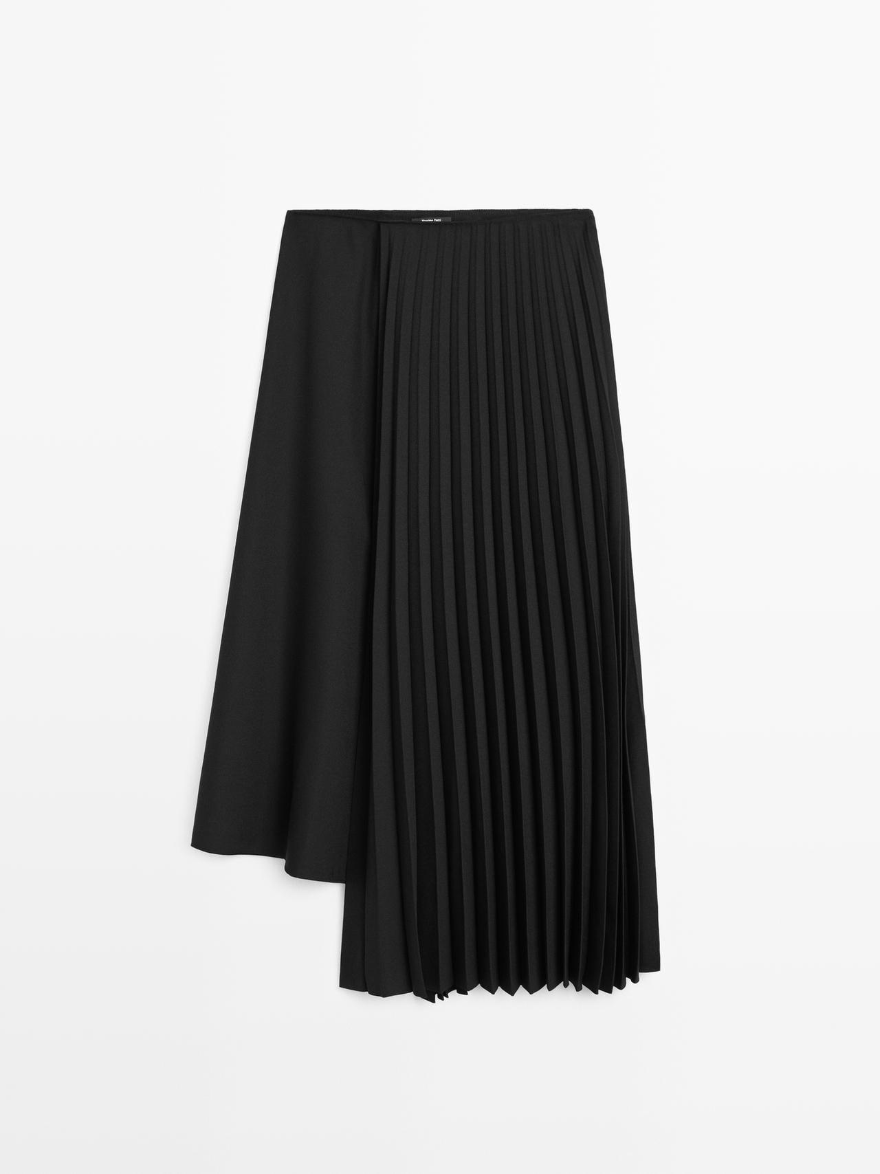 Massimo Dutti - Dames - Asymmetrical Pleated Skirt - Zwart - 34
