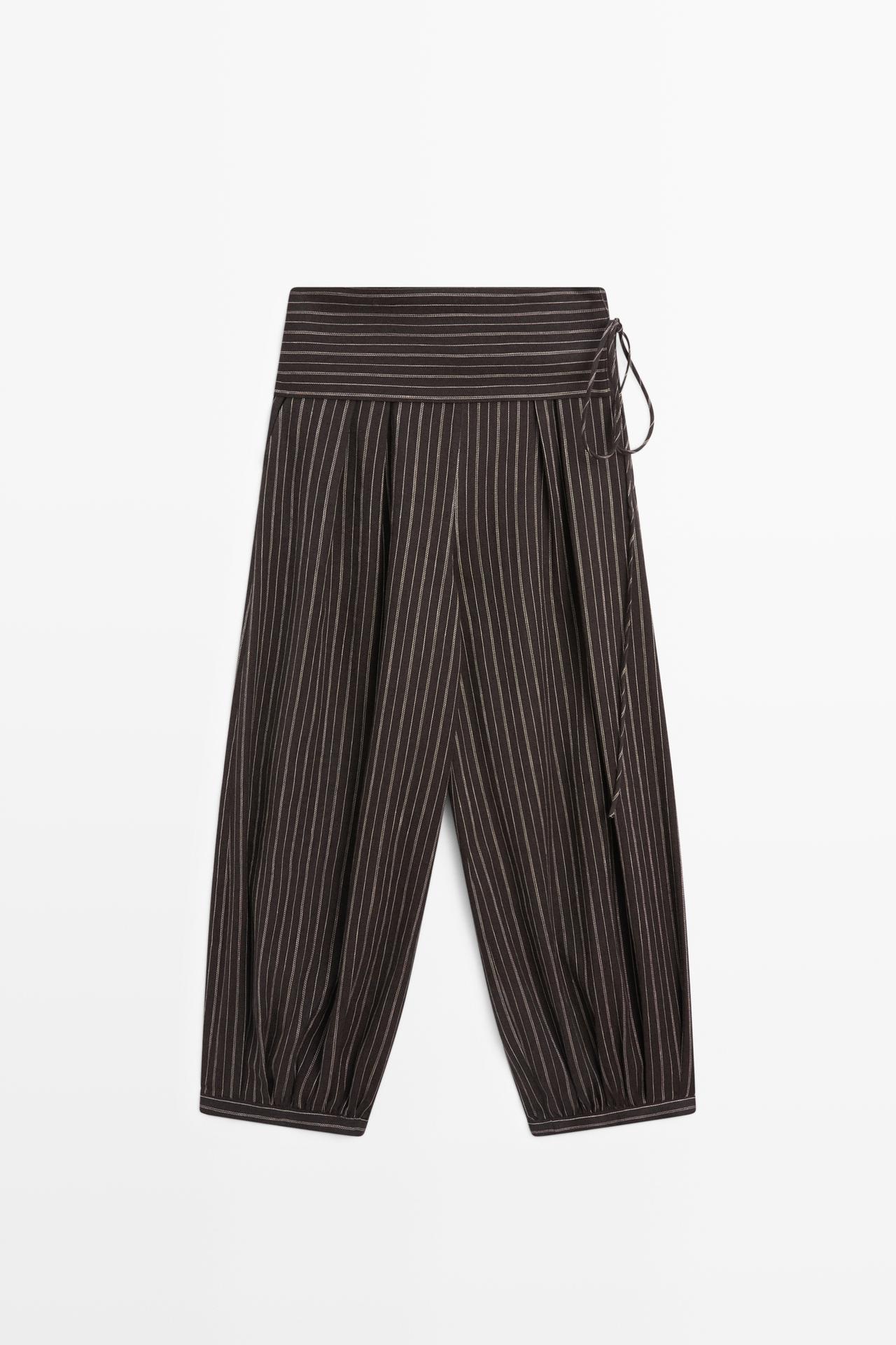 Striped sarouel trousers with cummerbund detail — BROWN