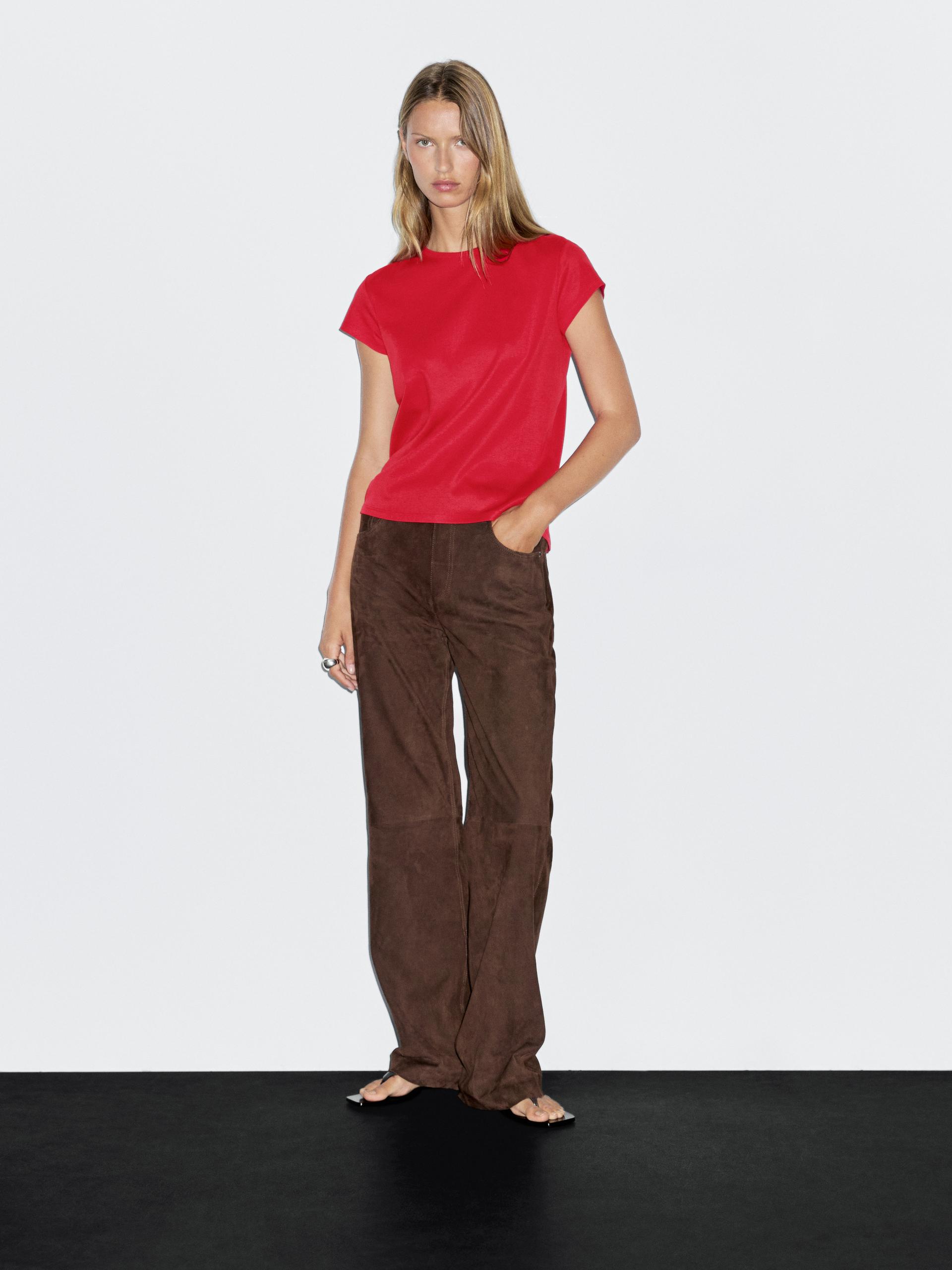 T-Shirt À Manches Courtes 100 % Coton Mercerisé - Rouge Fort - M - Massimo Dutti - Femme