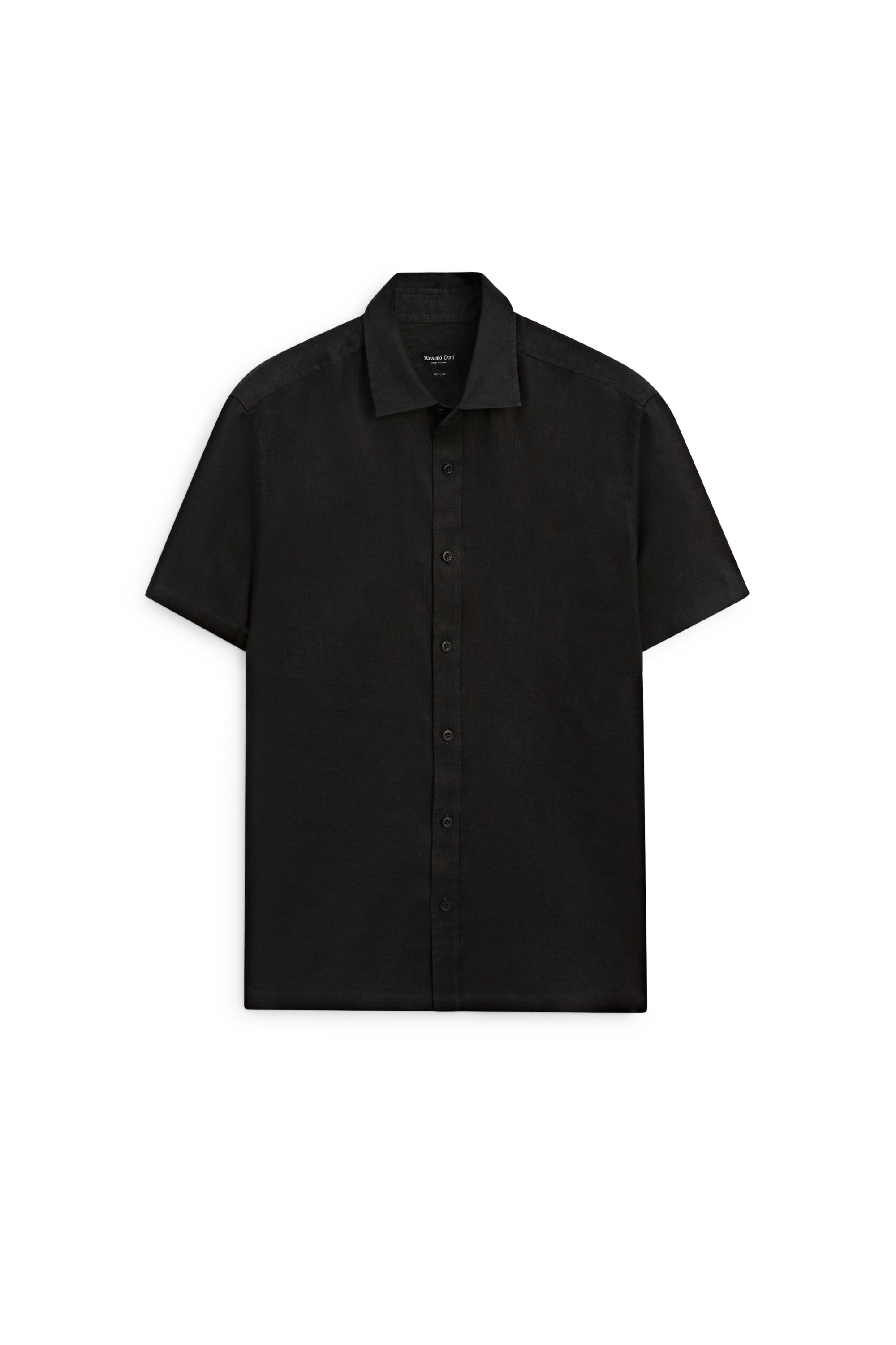 Regular fit 100% linen short sleeve shirt — BLACK
