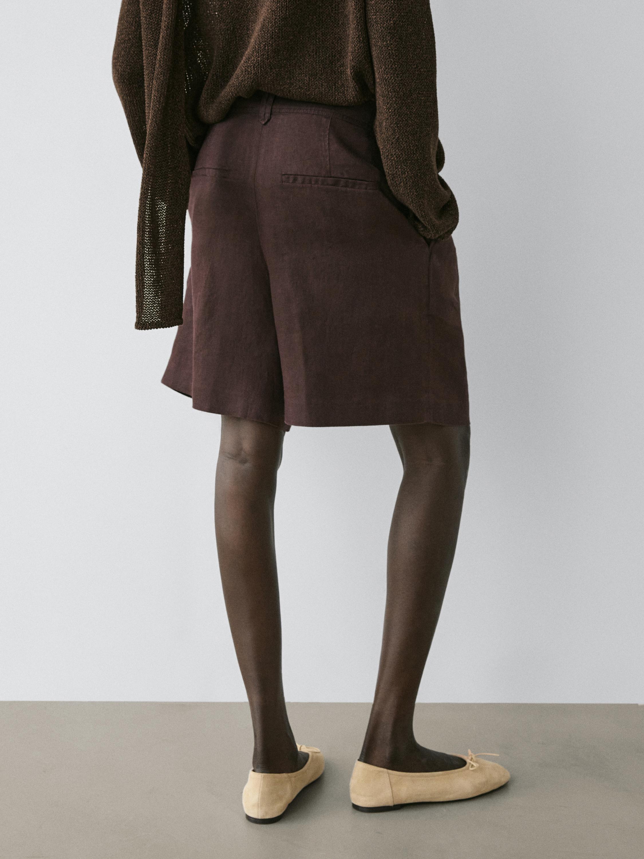 100% linen short pleated Bermuda shorts — AUBERGINE