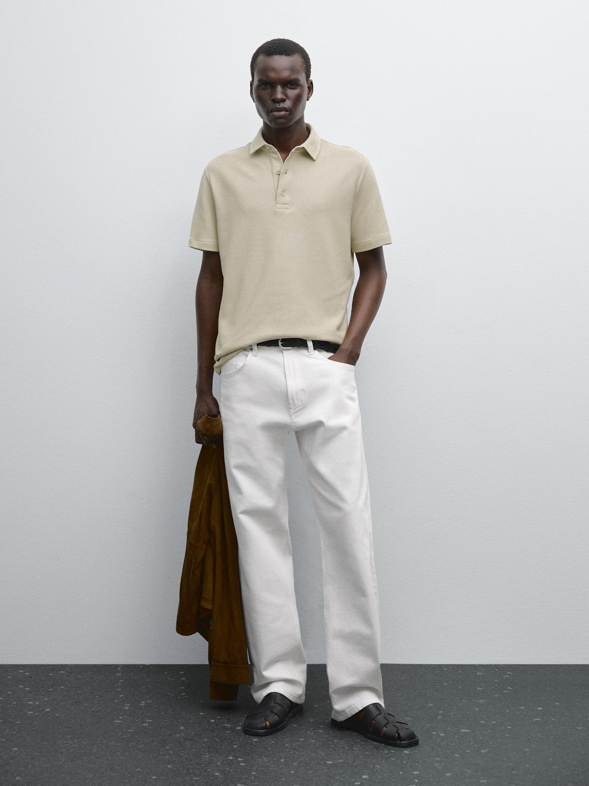 Koszulka Polo Z Krótkim Rękawem I Fakturą - Piaskowy - Xxl - Massimo Dutti - Mężczyzna