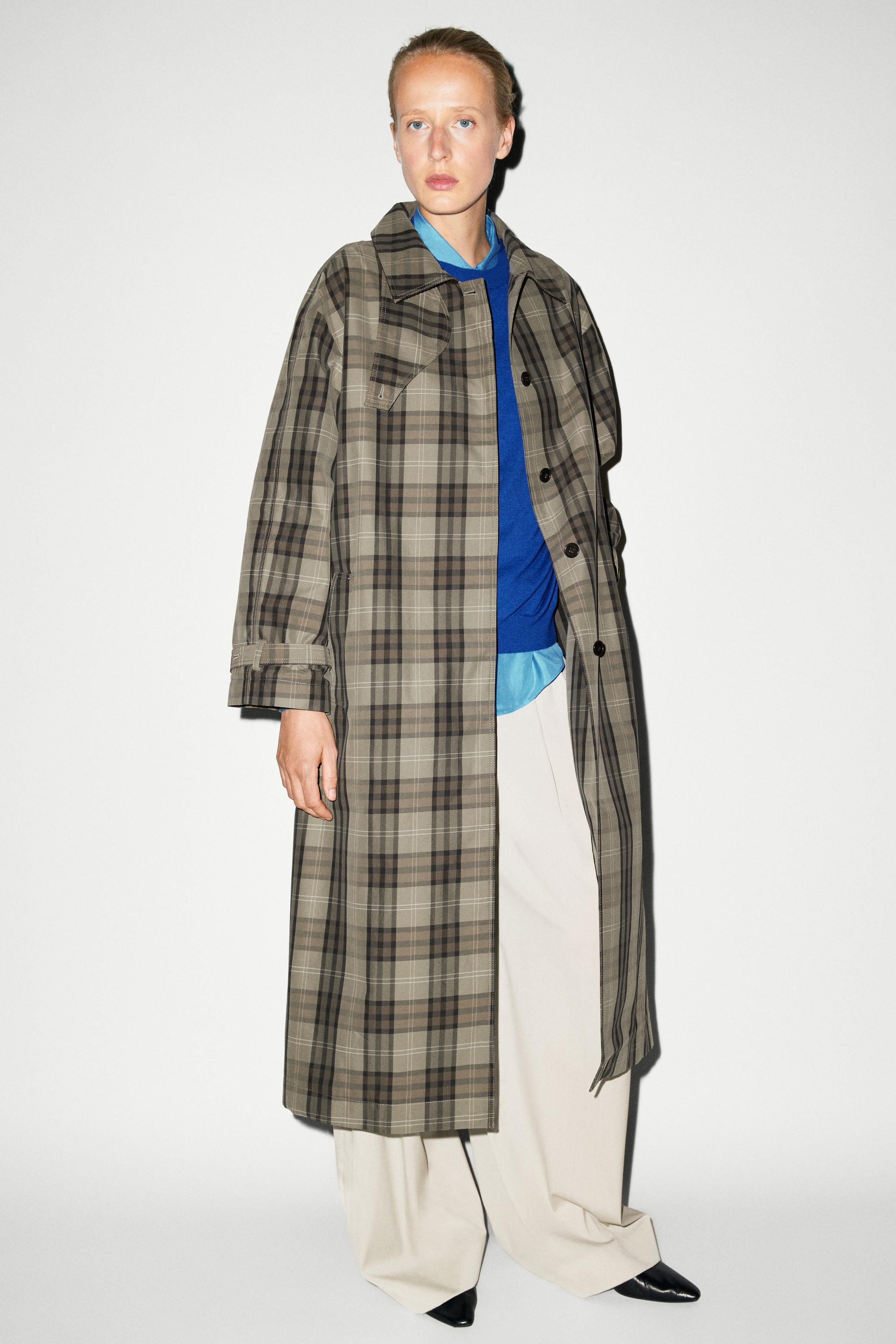 Plaid cotton blend long trench parka