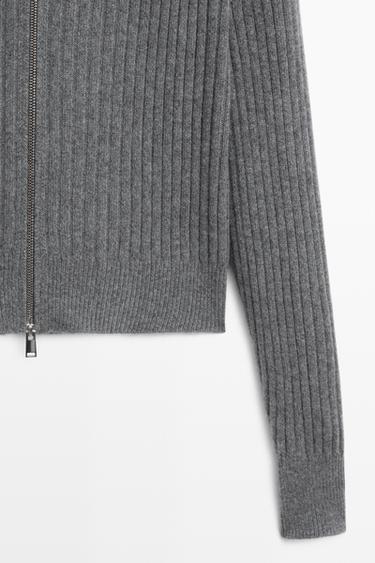 100% Cashmere Ribbed Knit Cardigan — GREY 7