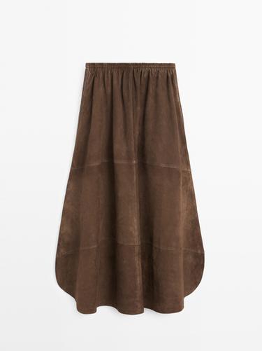 Suede leather midi skirt — BROWN 6