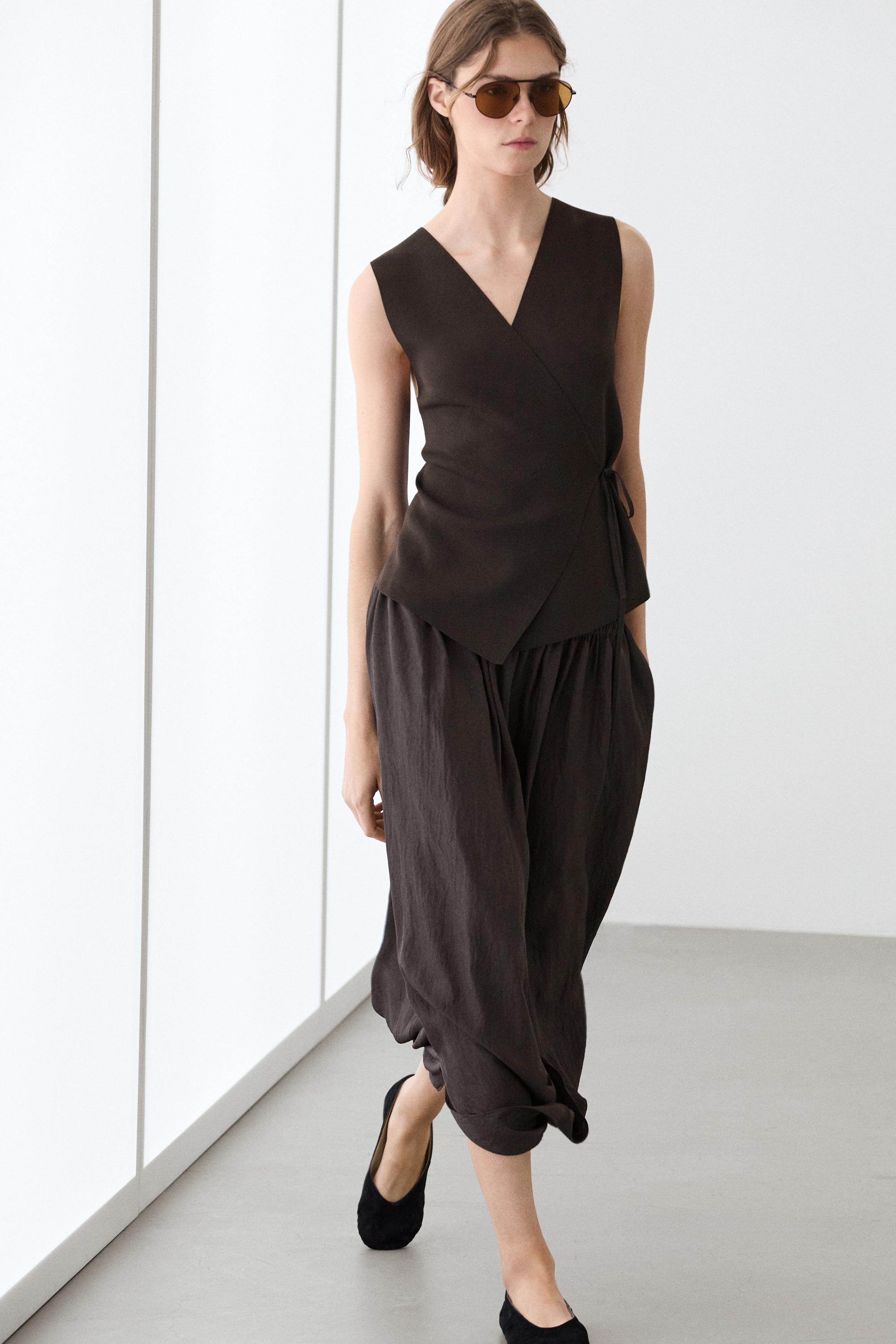 Crossover knit vest with tie detail — BROWN