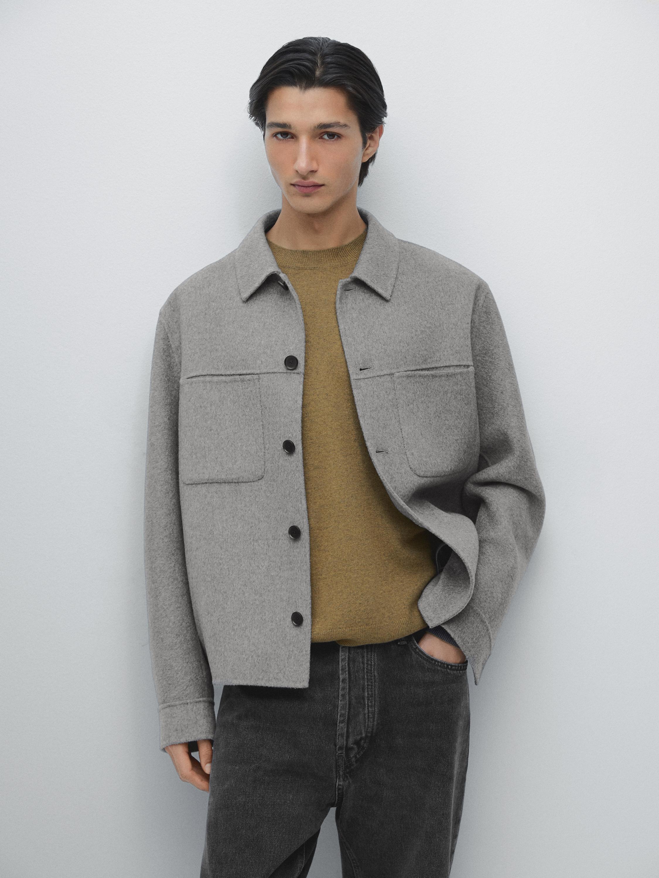 口袋裝飾羊毛混紡襯衫式外套