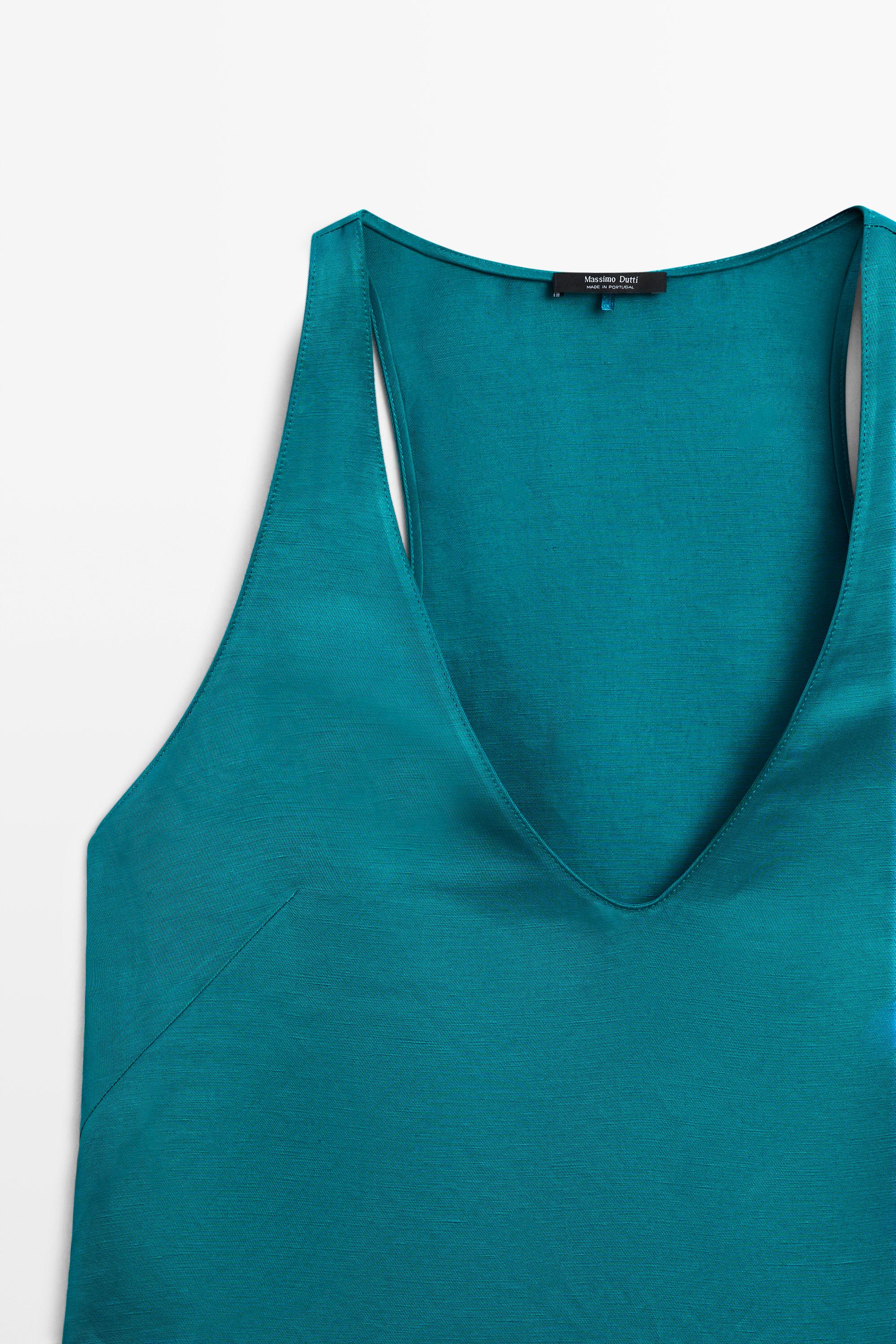 Satin linen blend V-neck top — TURQUOISE