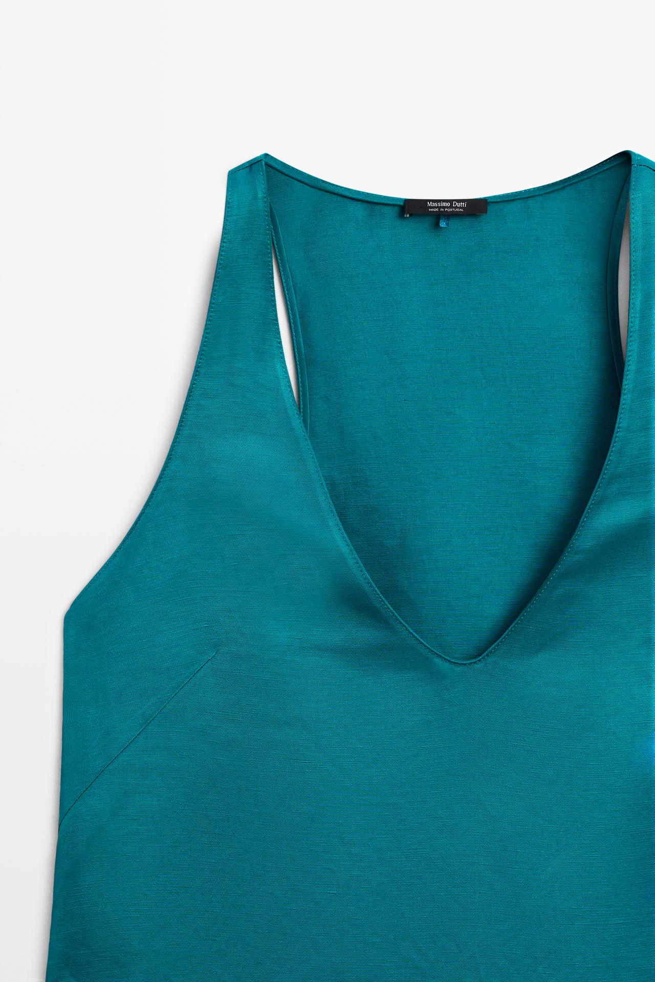 Satin linen blend V-neck top — TURQUOISE