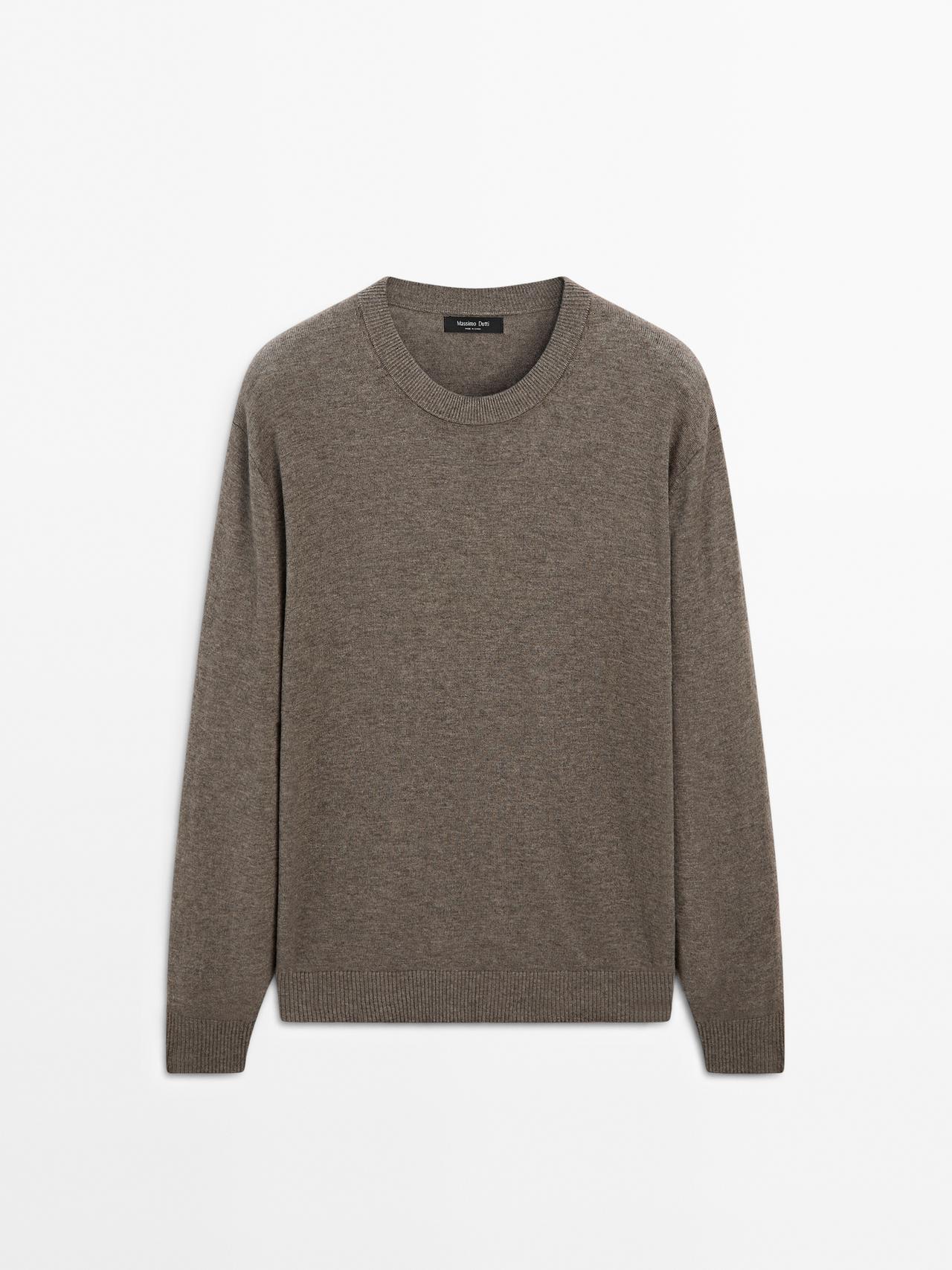 Massimo Dutti - Herre - Striktrøje Med Rund Hals - Kaki - Xl
