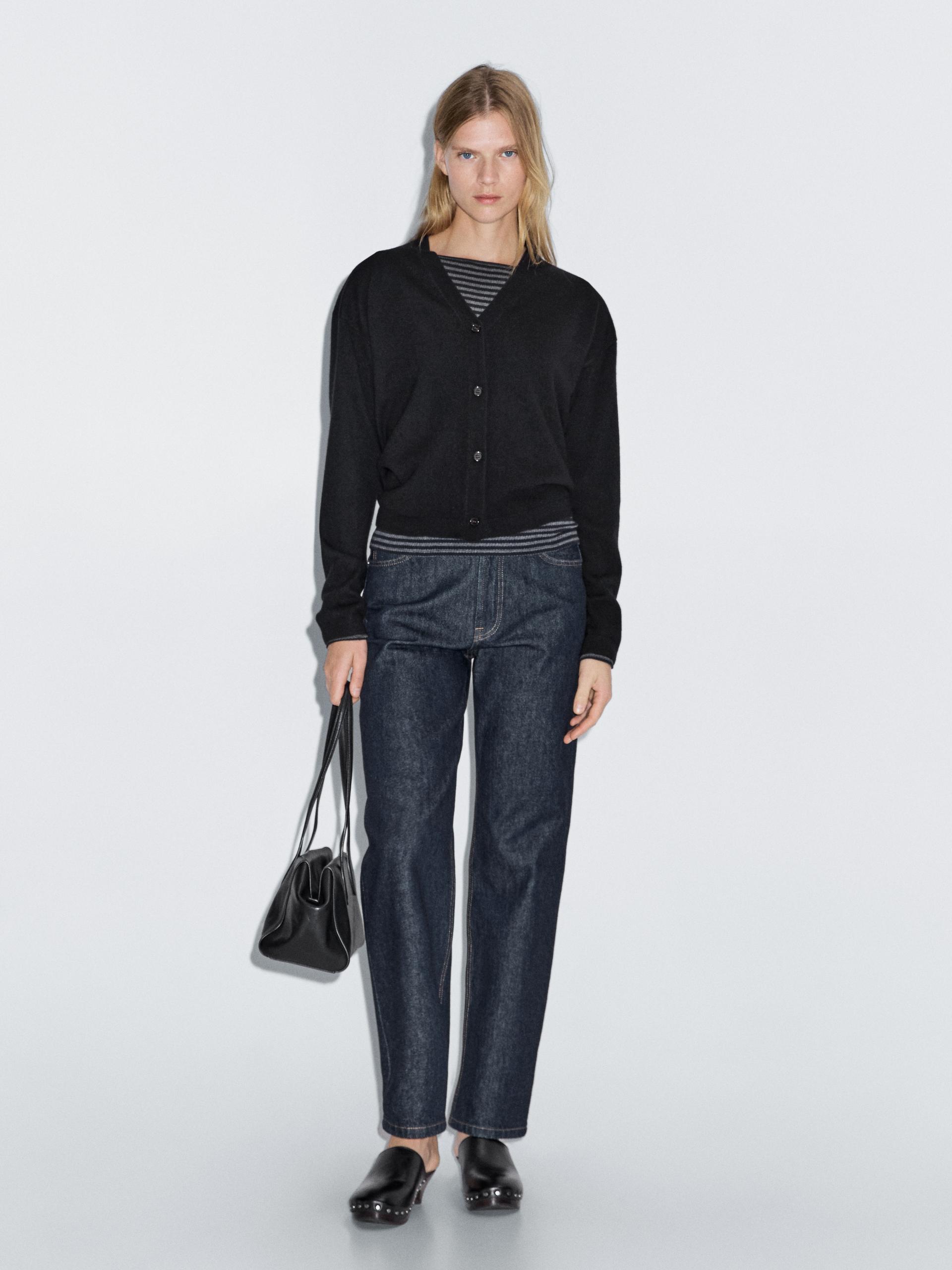 Cardigan À Col En V En Laine Mélangée - Noir - Xl - Massimo Dutti - Femme