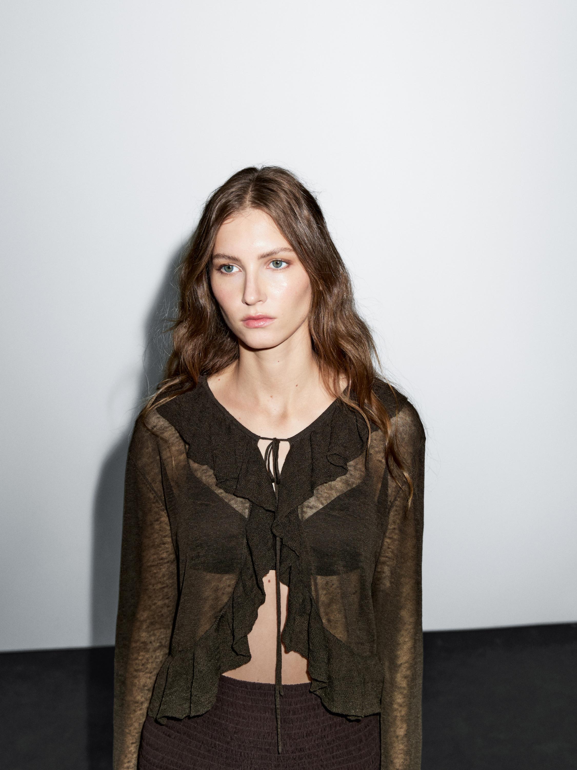 Linen blend ruffled cardigan