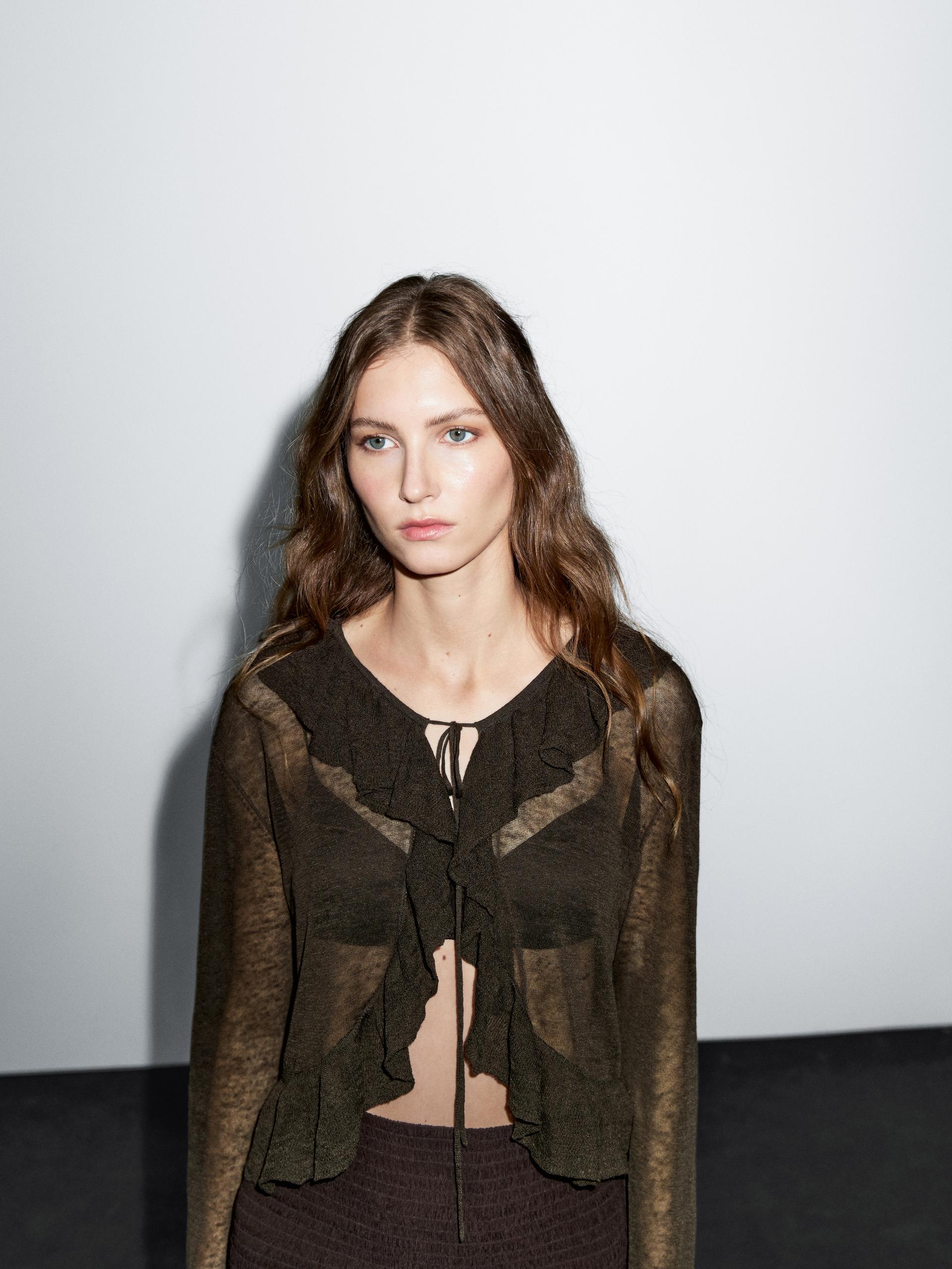 Massimo Dutti Linen Blend Ruffled Cardigan