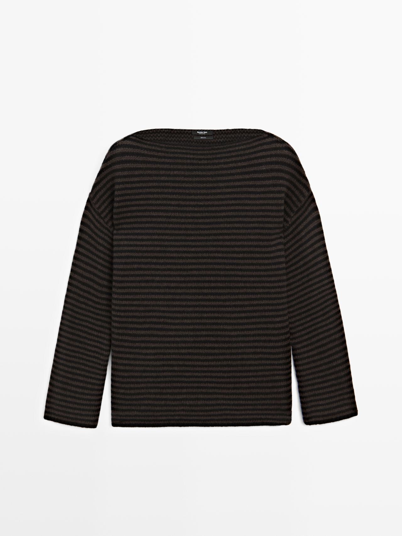 Massimo Dutti - Dames - 100% Wollen Tricot Trui Met Strepen - Chocolade - Xs