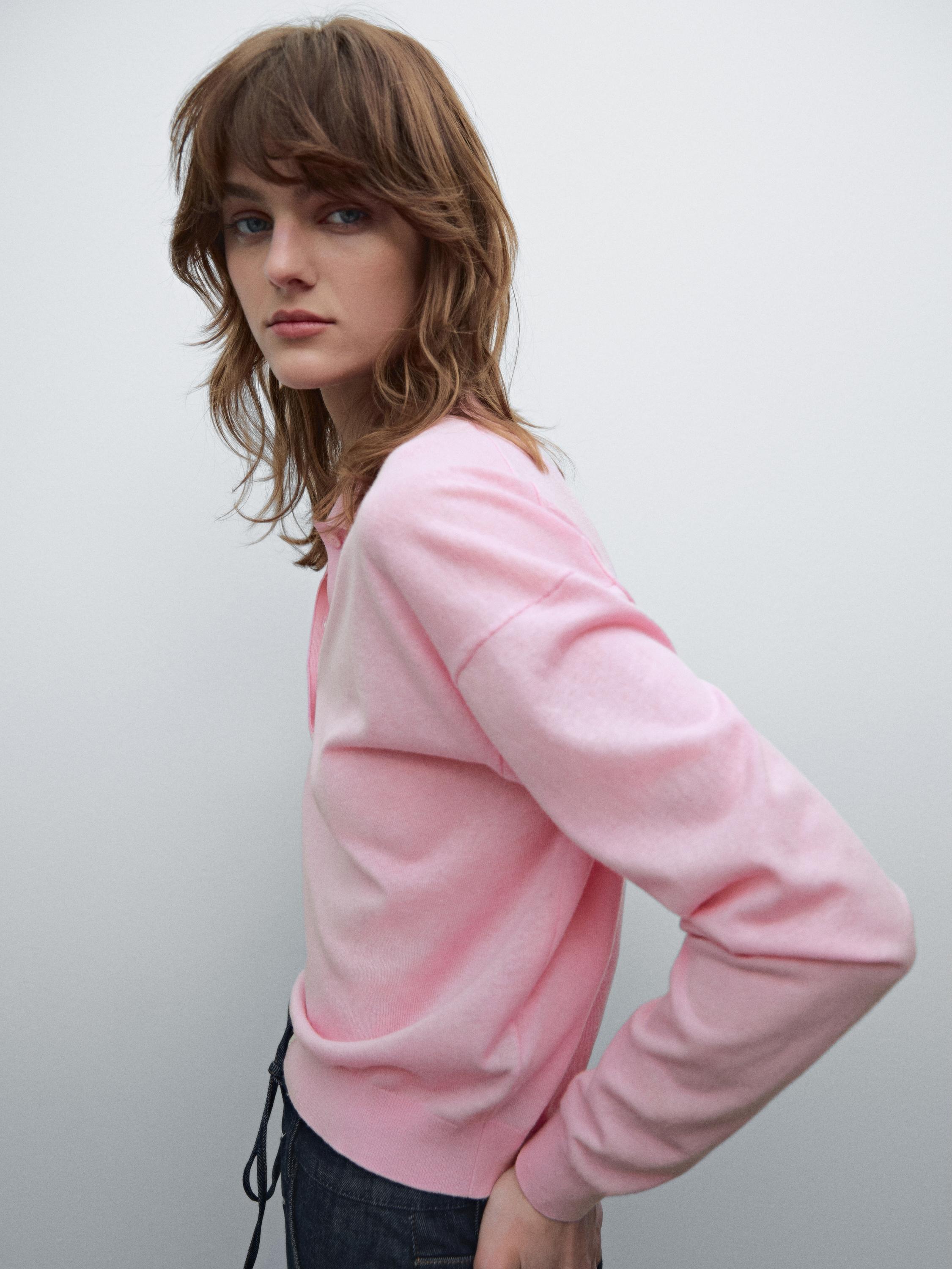 Cotton blend knit polo sweater