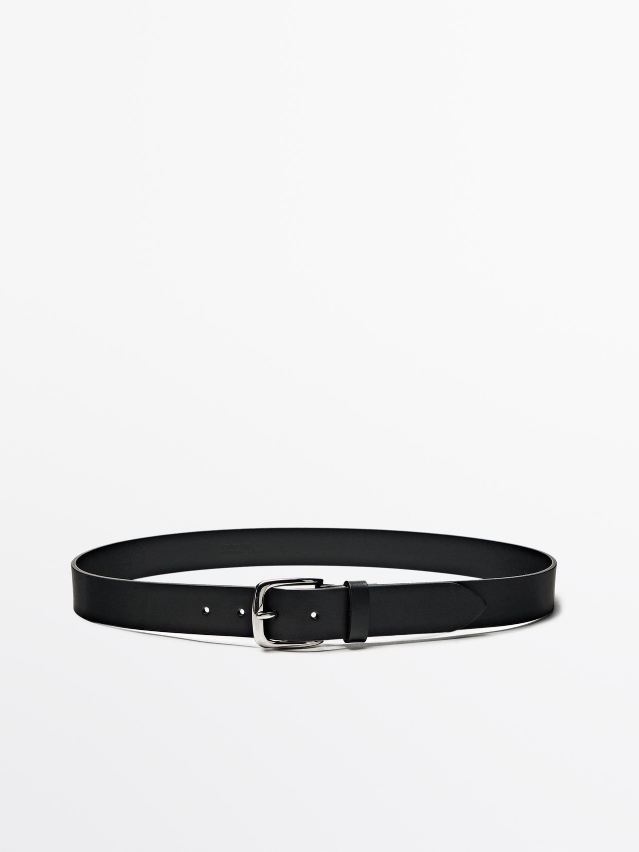Massimo Dutti - Herre - Blødt Bælte I Nappalæder Med Nikkelgrå Spænde - Sort - 95