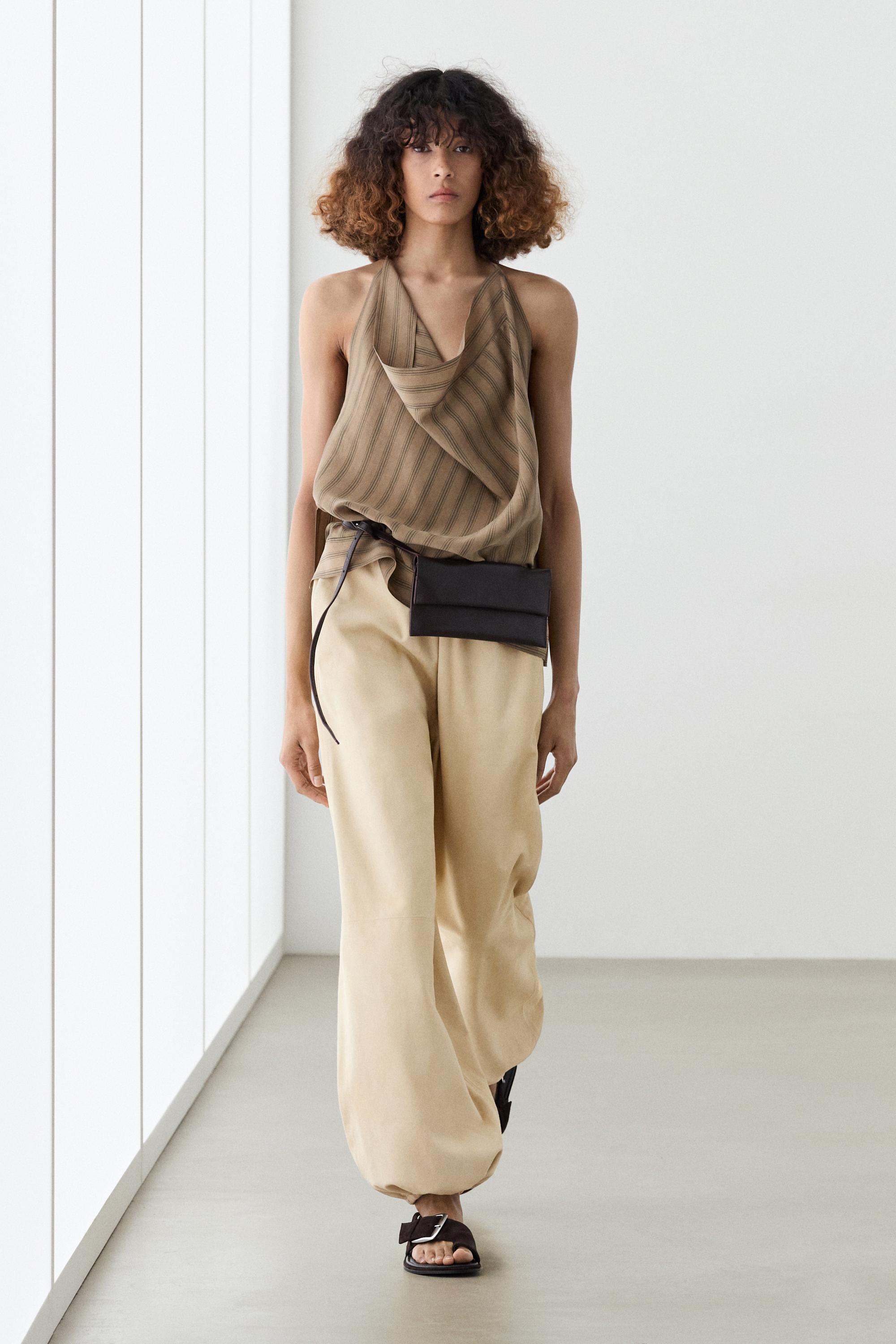 Striped top with cowl neckline — TAUPE GREY