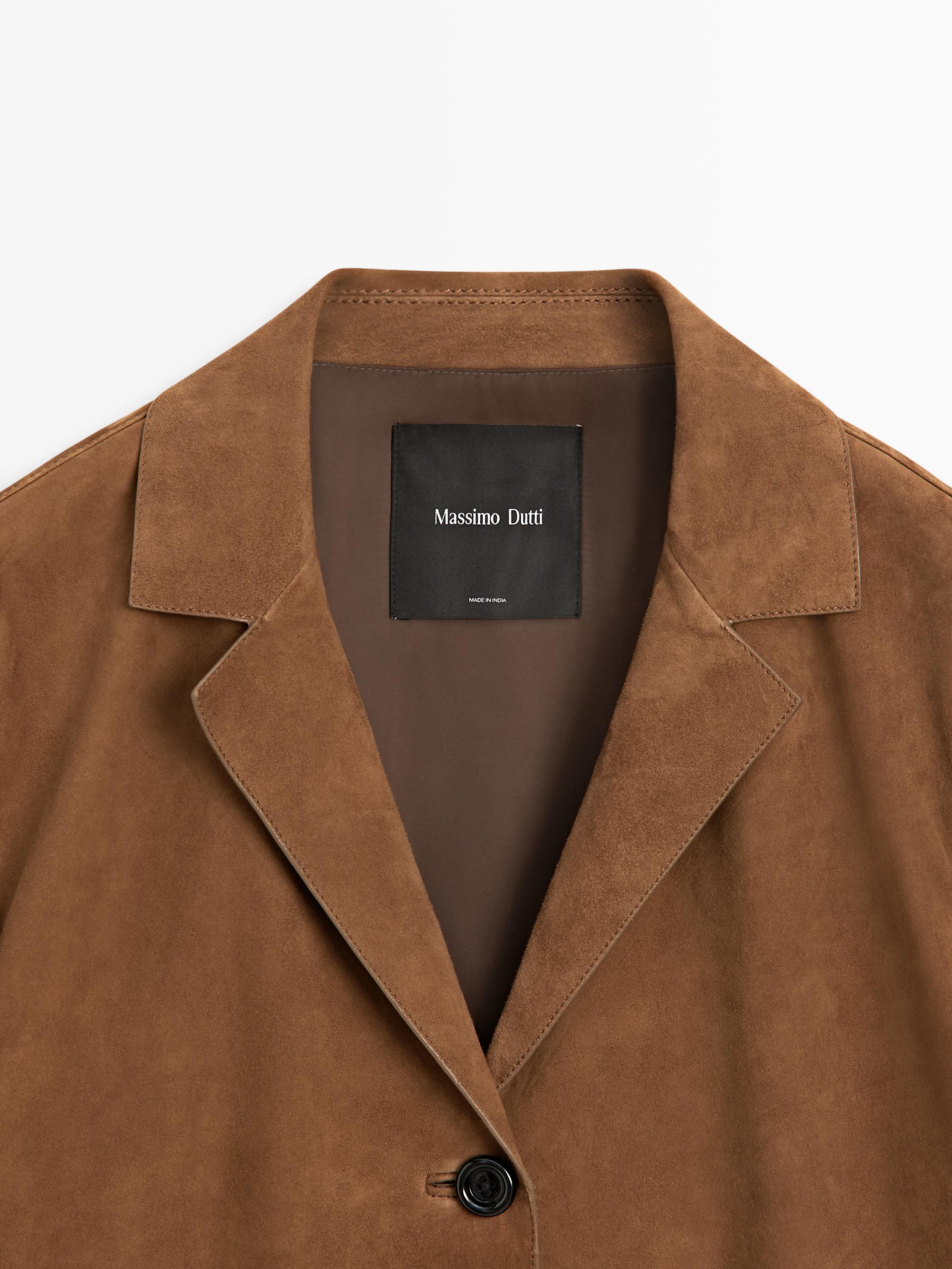 100% suede leather blazer with lapel collar — BROWN