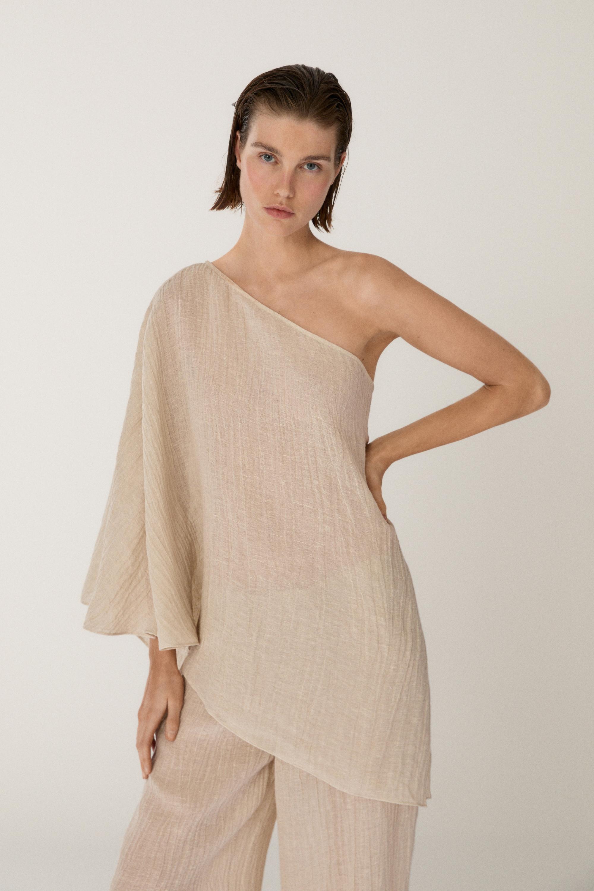 Total look asymmetric linen blend cape top — BEIGE MARL