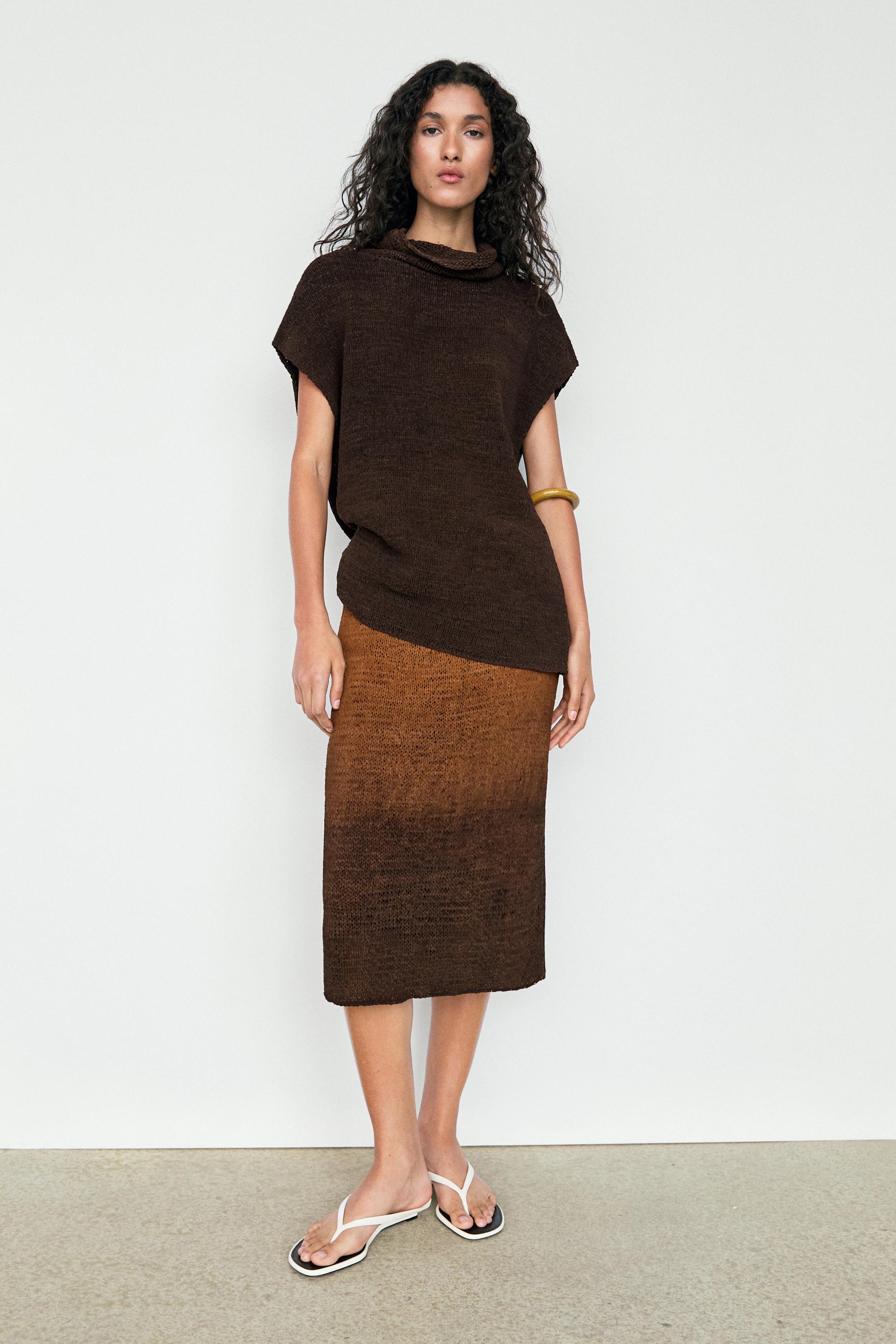Suede leather knit top — BROWN