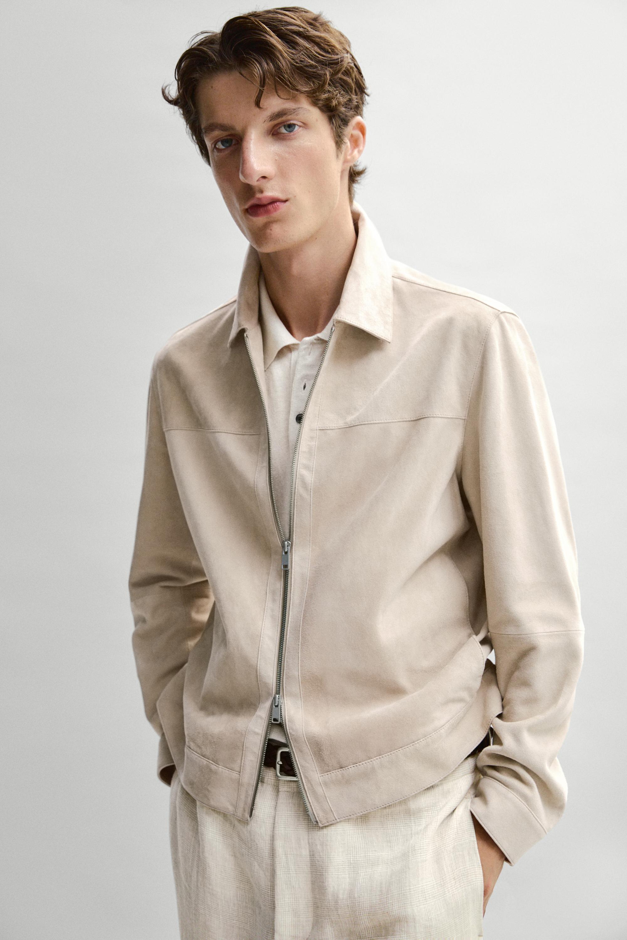 Suede leather collar jacket — Light Beige