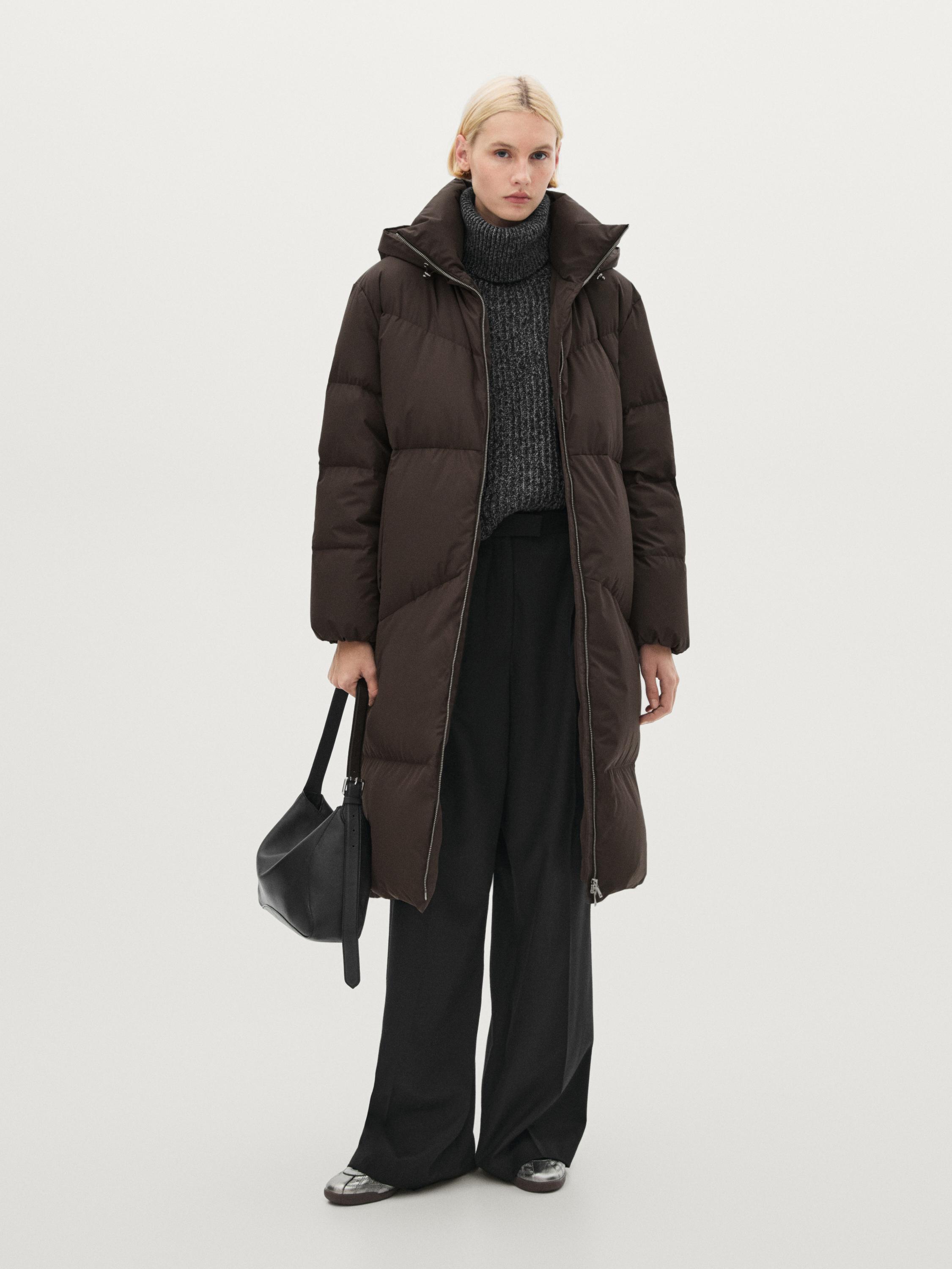 Hooded Puffer Massimo Dutti Long Down Jacket With Belt Technical