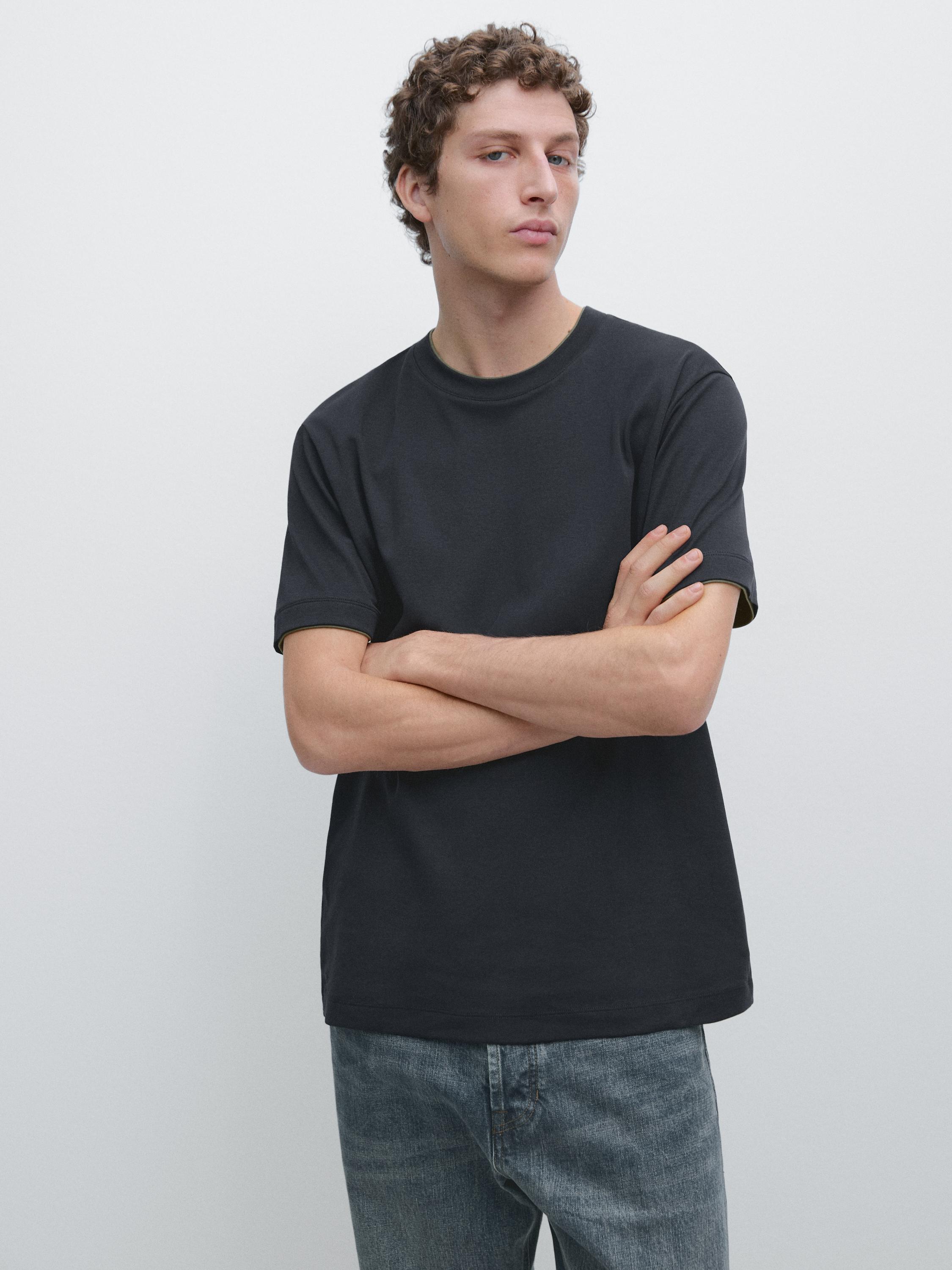100% cotton T-shirt with contrast neckline — NAVY BLUE